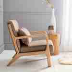 Design zetel van hout en stof, 1 vaste rechte zitting, kompaspoten, Scandinavische stijl Photo3