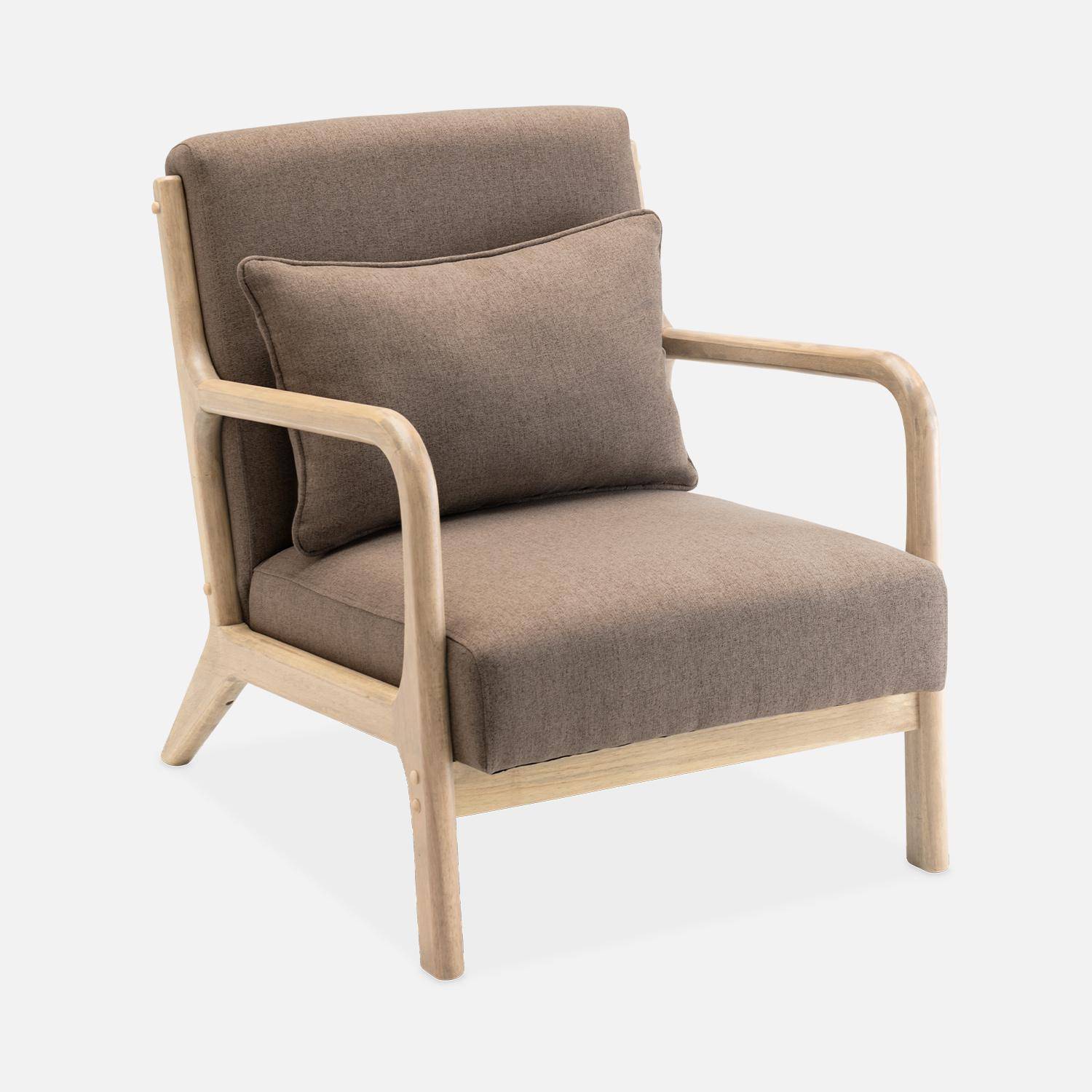 Sillón de diseño marrón en madera y tela, 1 asiento recto fijo, patas de compás escandinavas, armazón de madera maciza, asiento cómodo Photo4