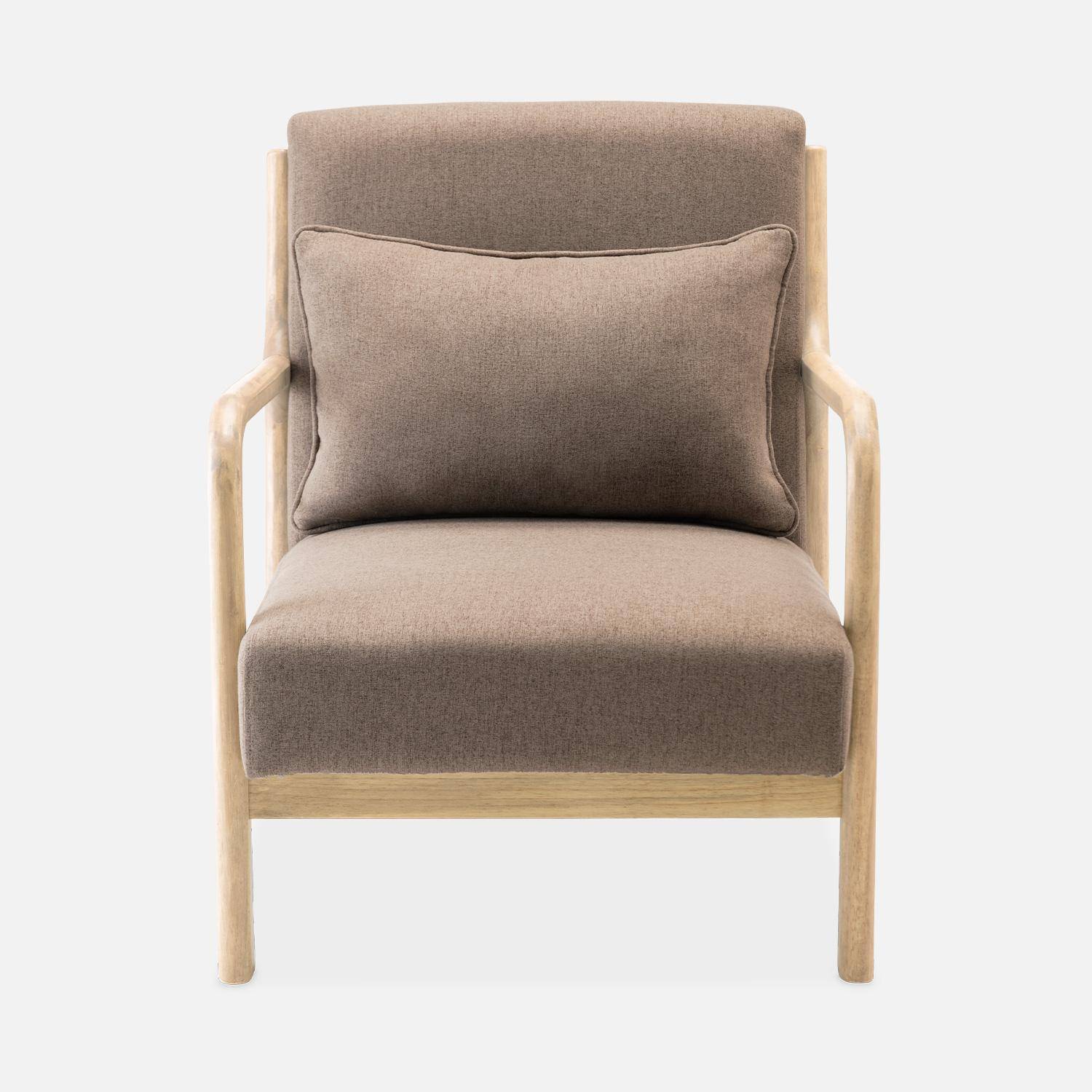 Sillón de diseño marrón en madera y tela, 1 asiento recto fijo, patas de compás escandinavas, armazón de madera maciza, asiento cómodo Photo5