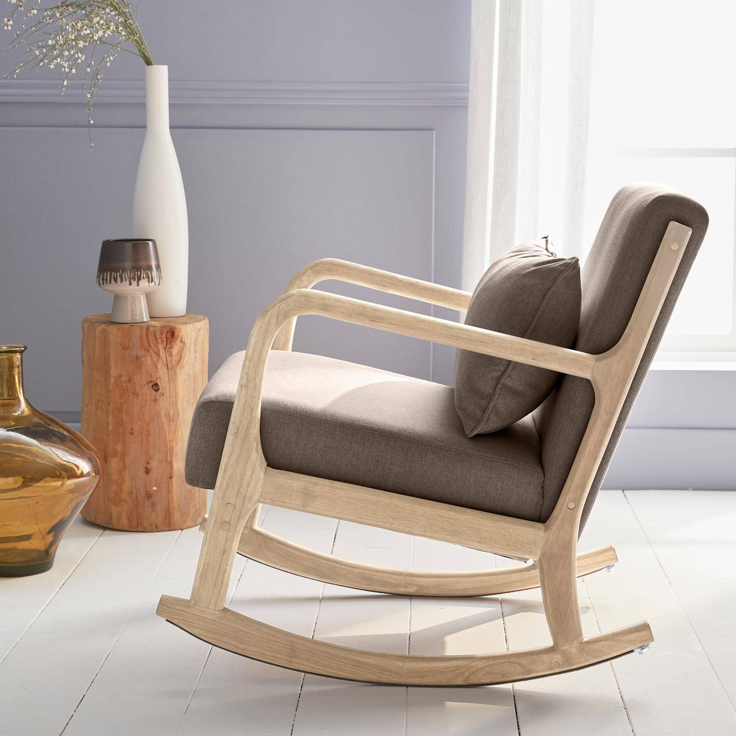 Cadeira de baloiço de design em madeira e tecido, 1 assento, cadeira de baloiço escandinava, marrom,sweeek,Photo1