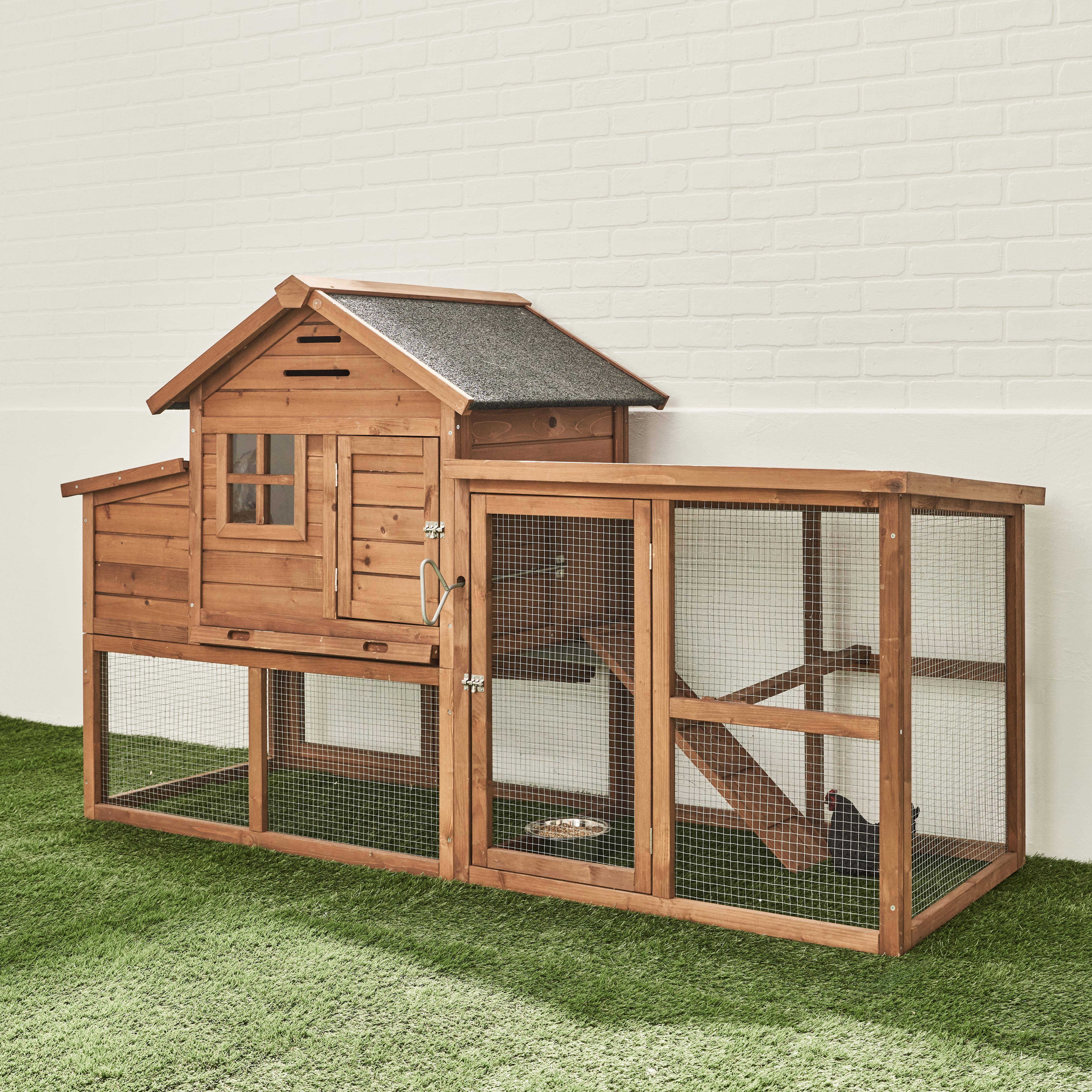 Wooden chicken coop for 4 chickens with nesting box, 195.5x75.5x116.5cm - Geline - Wood colour,sweeek,Photo1