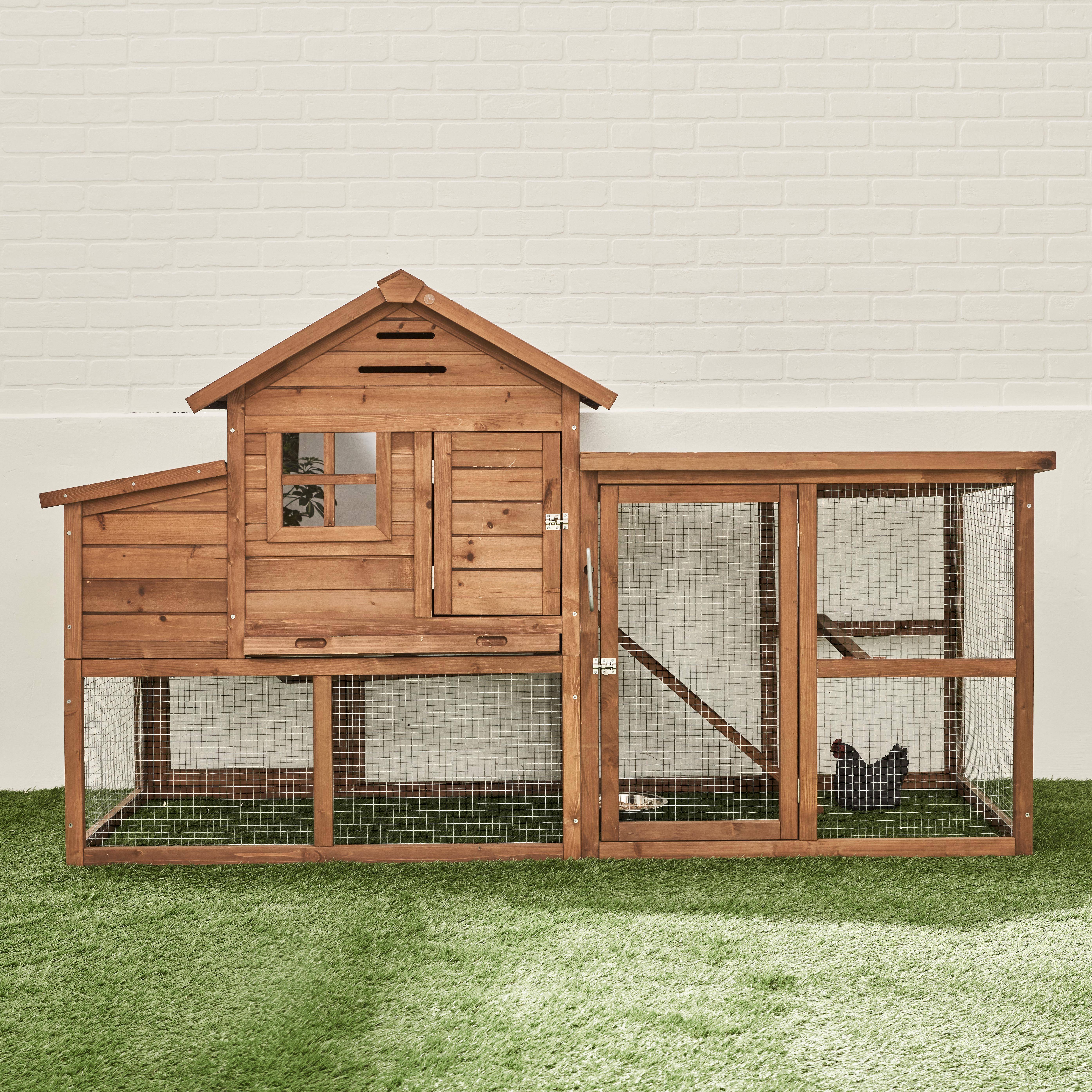Wooden chicken coop for 4 chickens with nesting box, 195.5x75.5x116.5cm - Geline - Wood colour Photo2