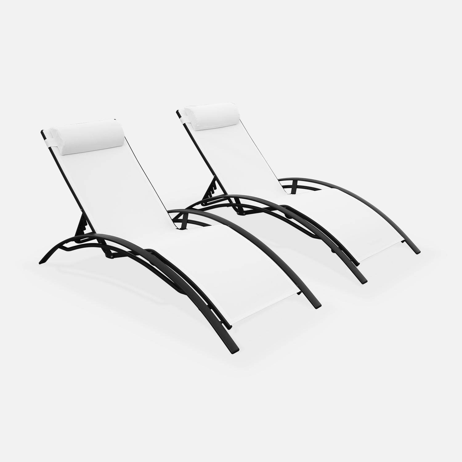 Pair of aluminium and textilene sun loungers, 4 reclining positions, headrest included, stackable - Louisa - Anthracite frame, White textilene Photo1