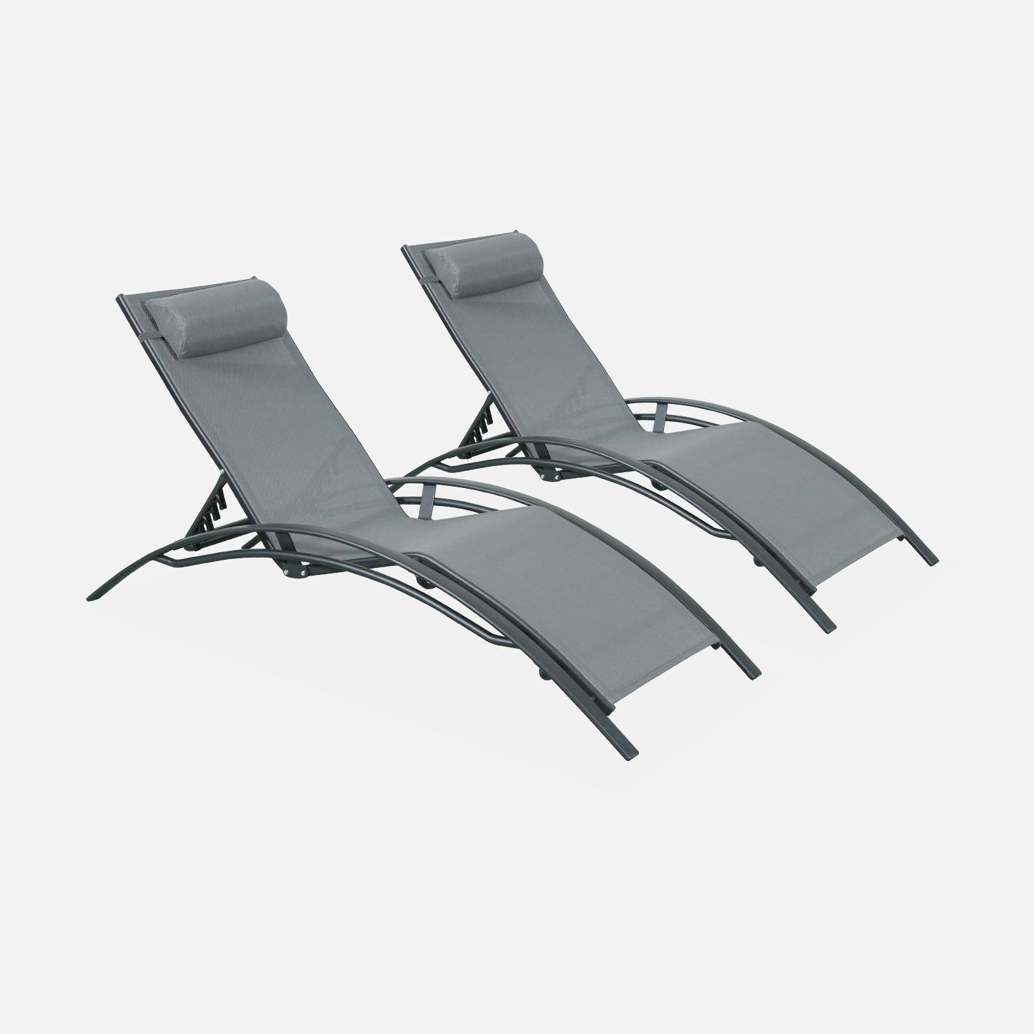 Pair of aluminium and textilene sun loungers, 4 reclining positions, headrest included, stackable - Louisa - Anthracite frame, Grey textilene Photo3