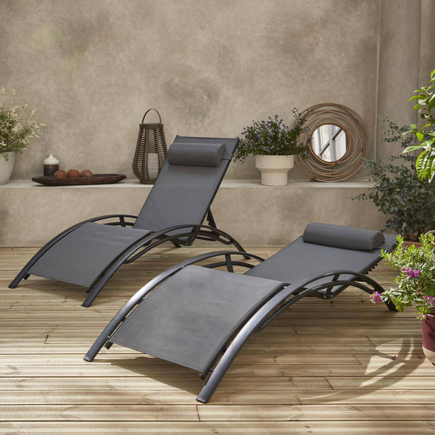 Pair of aluminium and textilene sun loungers, 4 reclining positions, headrest included, stackable - Louisa - Anthracite frame, Grey textilene Photo2