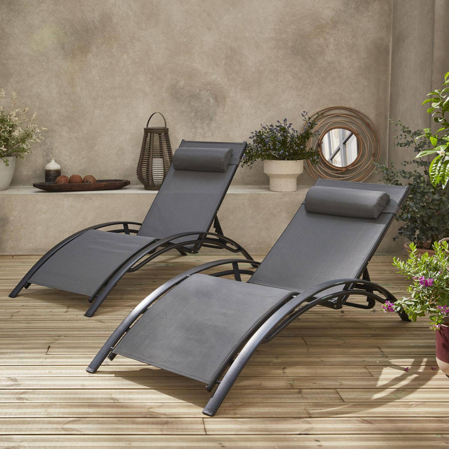 Pair of aluminium and textilene sun loungers, 4 reclining positions, headrest included, stackable - Louisa - Anthracite frame, Grey textilene Photo1