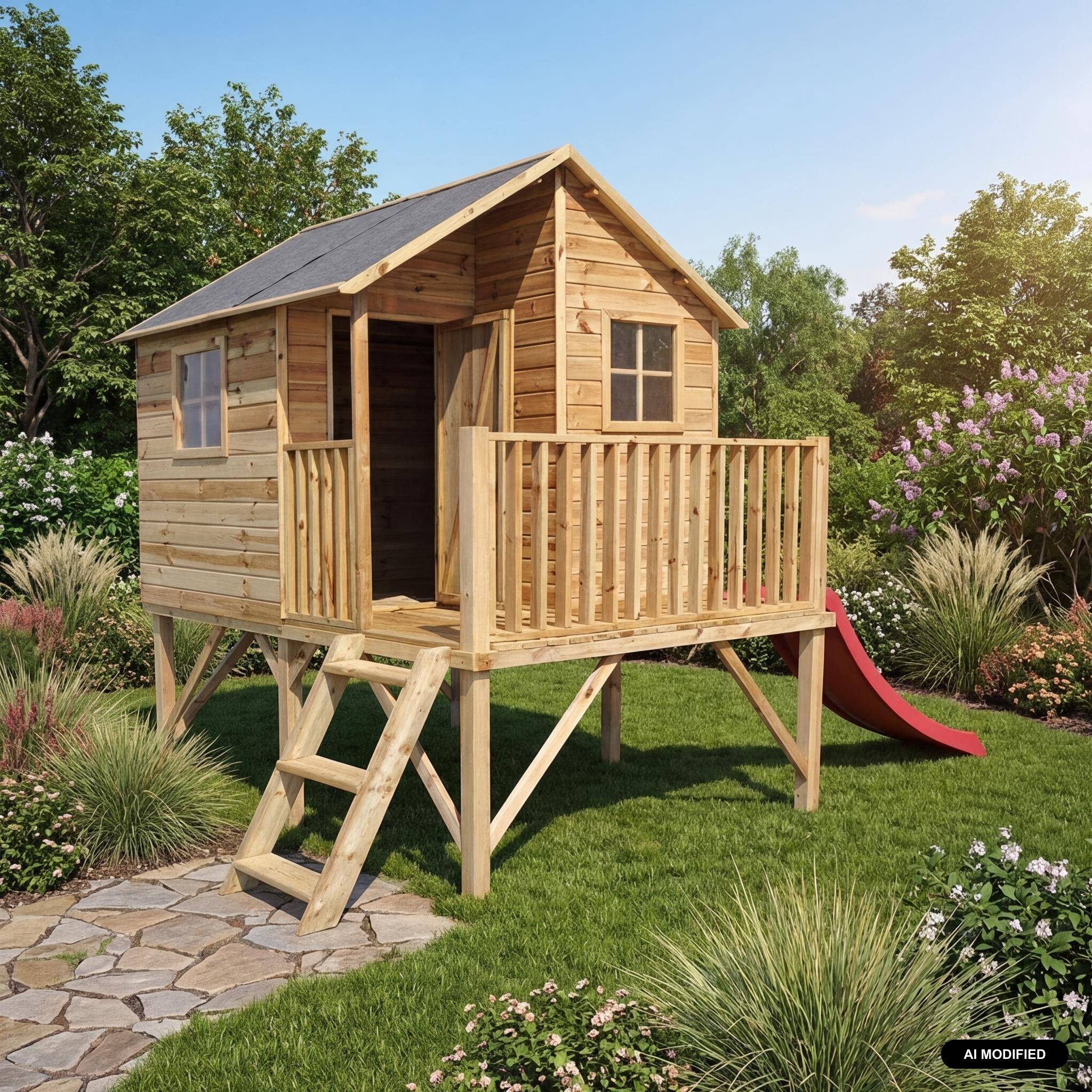 Small house with wooden slide of 3.8m², Orchid - on stilts hut in autoclave pine,sweeek,Photo1