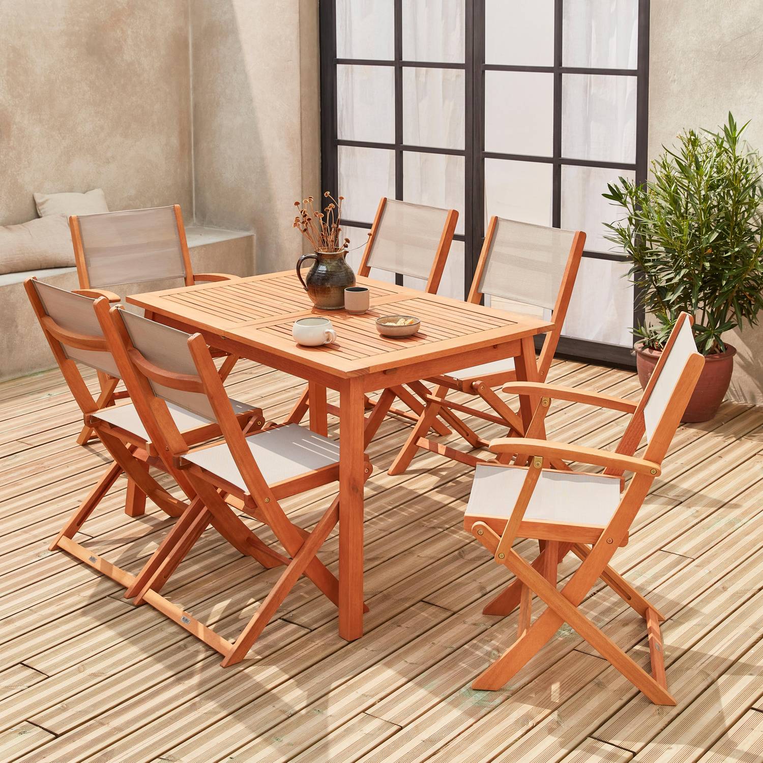 Salon de jardin en bois extensible - Almeria - Table 120/180cm avec rallonge, 2 fauteuils et 4 chaises, en bois d'Eucalyptus FSC huilé et textilène gris taupe Photo8