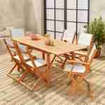 Salotto da giardino estensible in legno - Almeria - Tavolo 120/180cm con prolunga, 2 poltrone e 4 sedie, in legno di eucalipto FSC oliato e textilene bianco Photo2