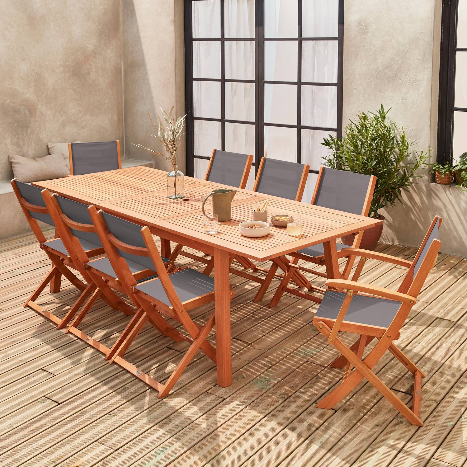 Tavolo da terrazza, Set da giardino, Legno & Textilene Antracite, Eucalipto, Estensibile 180/ 240 cm - 8 posti a sedere Photo2