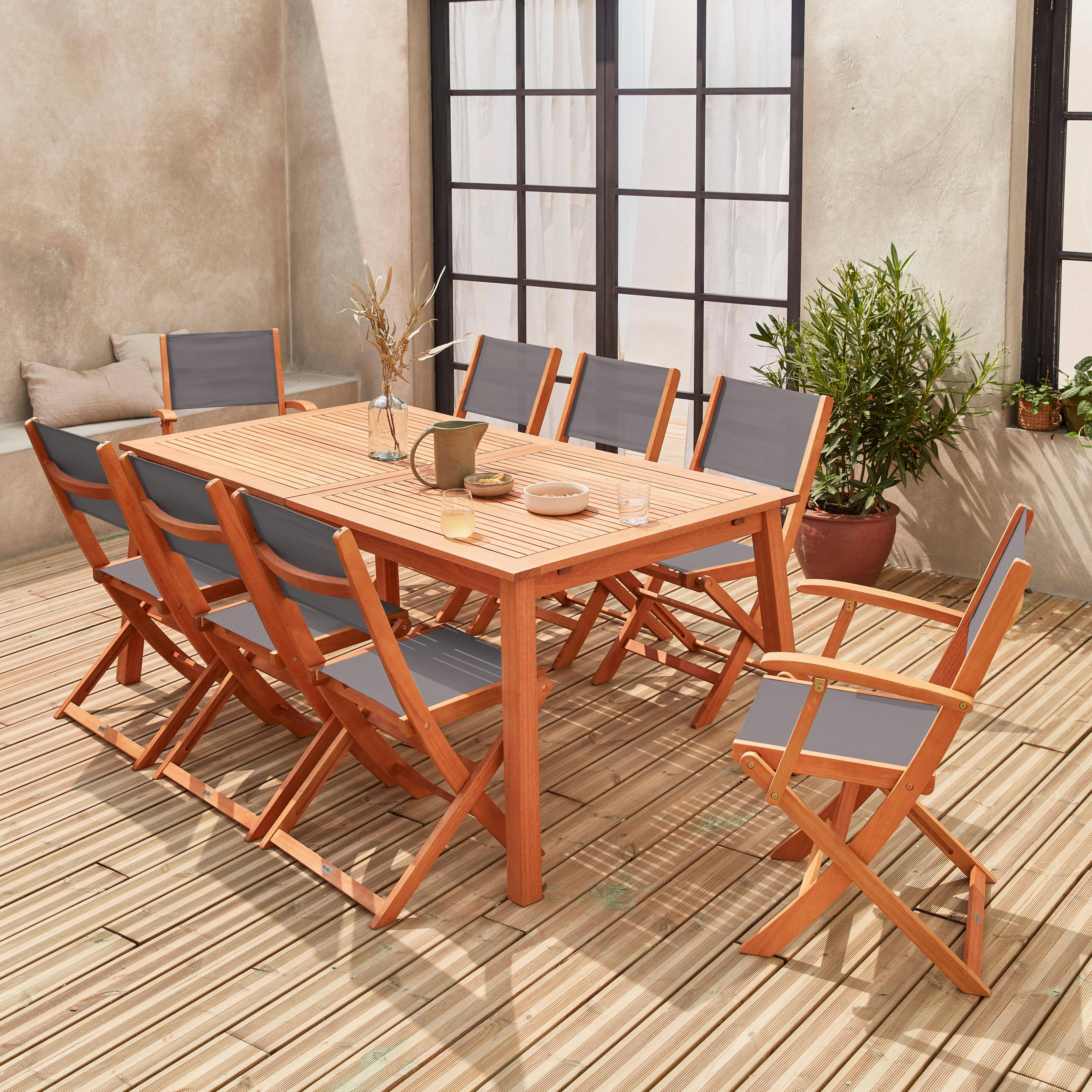 8-seater garden dining set, extendable 180-240cm FSC-eucalyptus wooden table, 6 chairs and 2 armchairs - Almeria 8 - Anthracite textilene seats,sweeek,Photo2