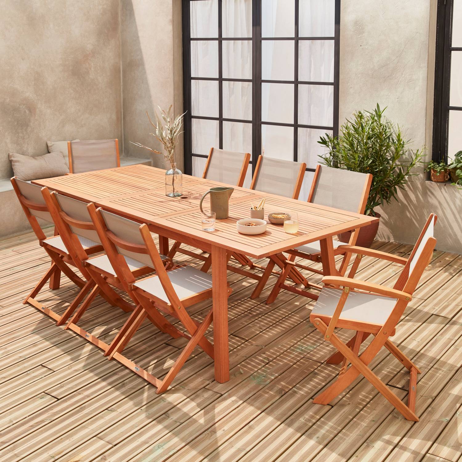 Tavolo da terrazza, Set da giardino, Legno e textilene Marrone talpa 8 posti a sedere, | Almeria 240 | sweeek
