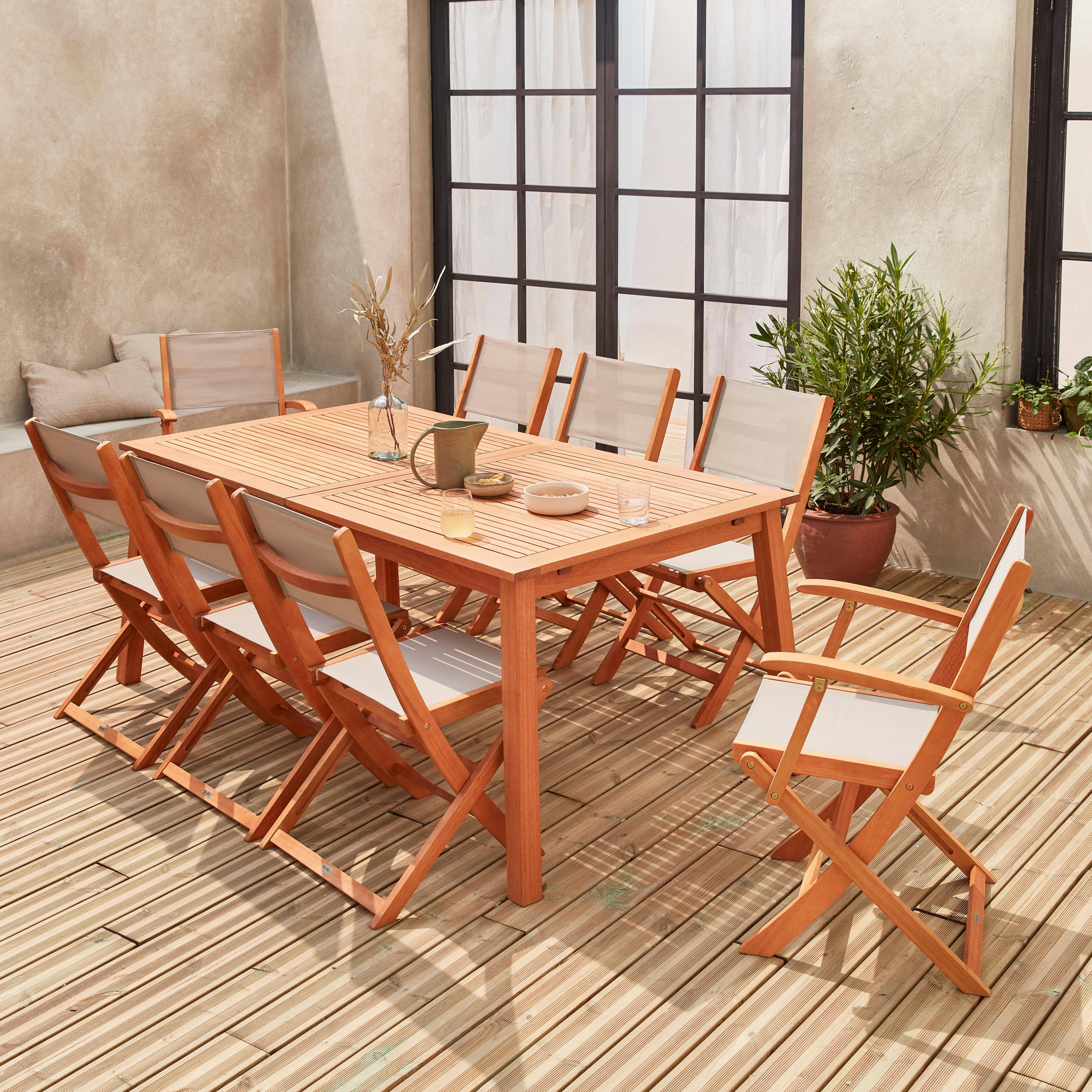 8-seater garden dining set, extendable 180-240cm FSC-eucalyptus wooden table, 6 chairs and 2 armchairs - Almeria 8 - Grey textilene seats Photo2