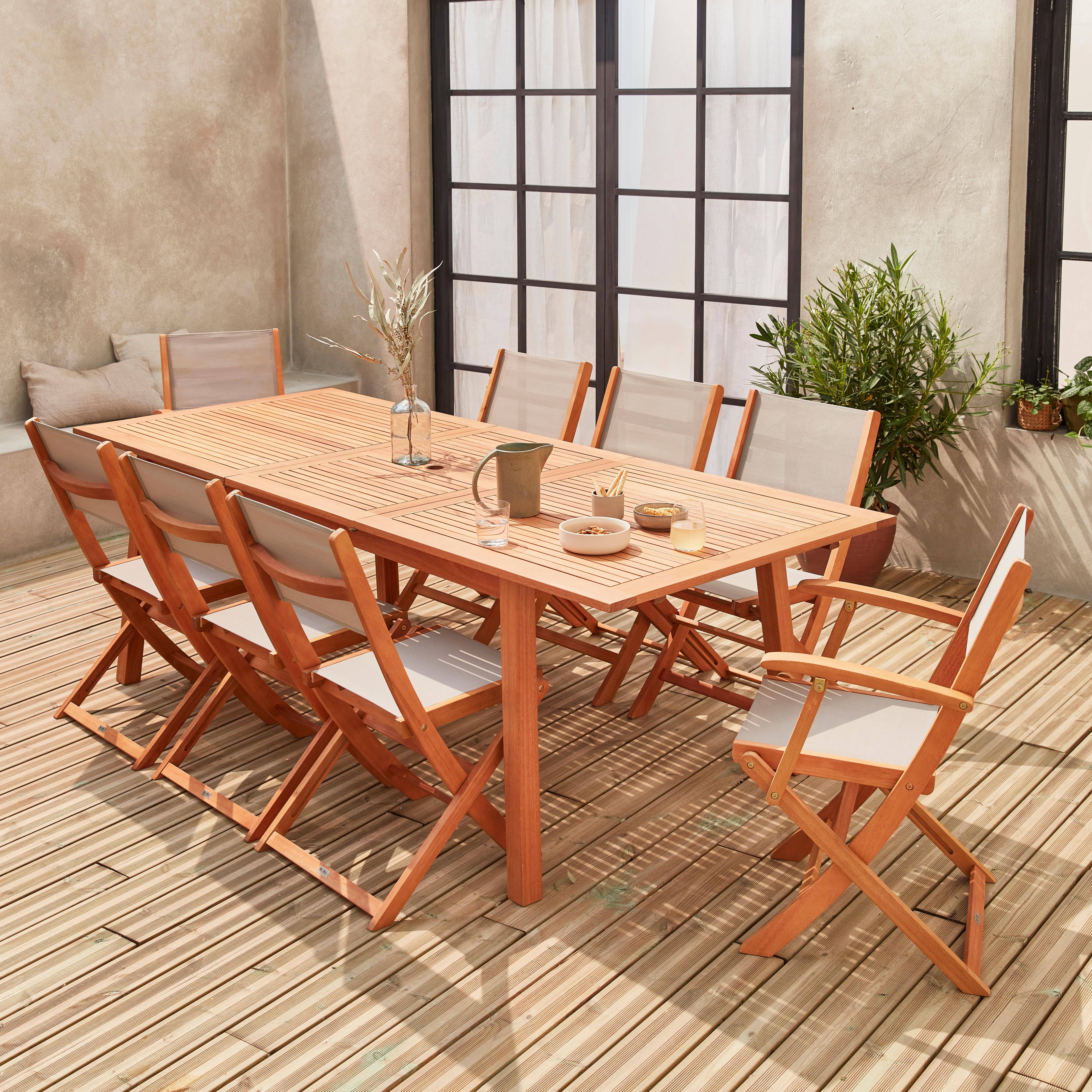 8-seater garden dining set, extendable 180-240cm FSC-eucalyptus wooden table, 6 chairs and 2 armchairs - Almeria 8 - Grey textilene seats Photo1