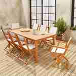 Ausziehbare Gartengarnitur aus Holz - Almeria - Großer Tisch 180/240 cm mit Verlängerung, 2 Sesseln und 6 Stühlen aus geöltem FSC-Eukalyptusholz und weißem Textilene Photo2