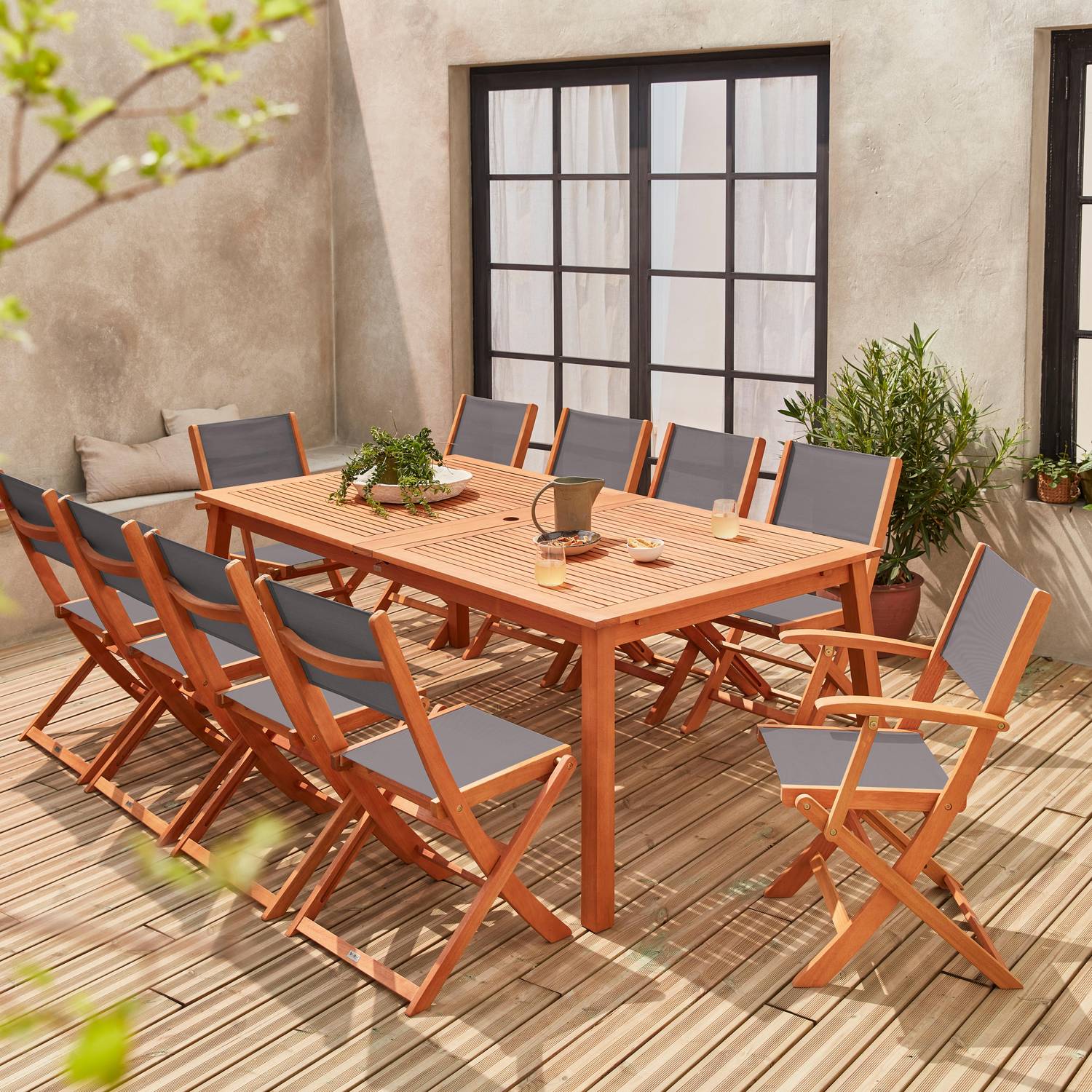 Salotto da giardino estensible in legno - Almeria - Tavolo 200/250/300cm con 2 prolunghe, 2 poltrone e 8 sedie, in legno di eucalipto FSC oliato e textilene grigio antracite Photo8