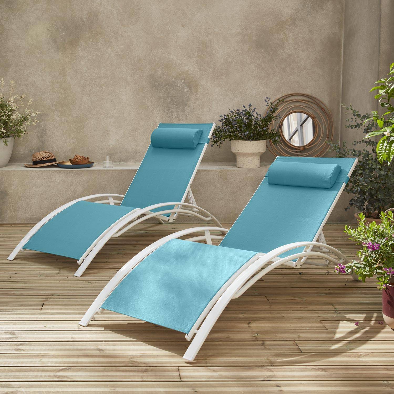 Duo de bains de soleil aluminium - Louisa Turquoise - Transats aluminium et textilène Photo1