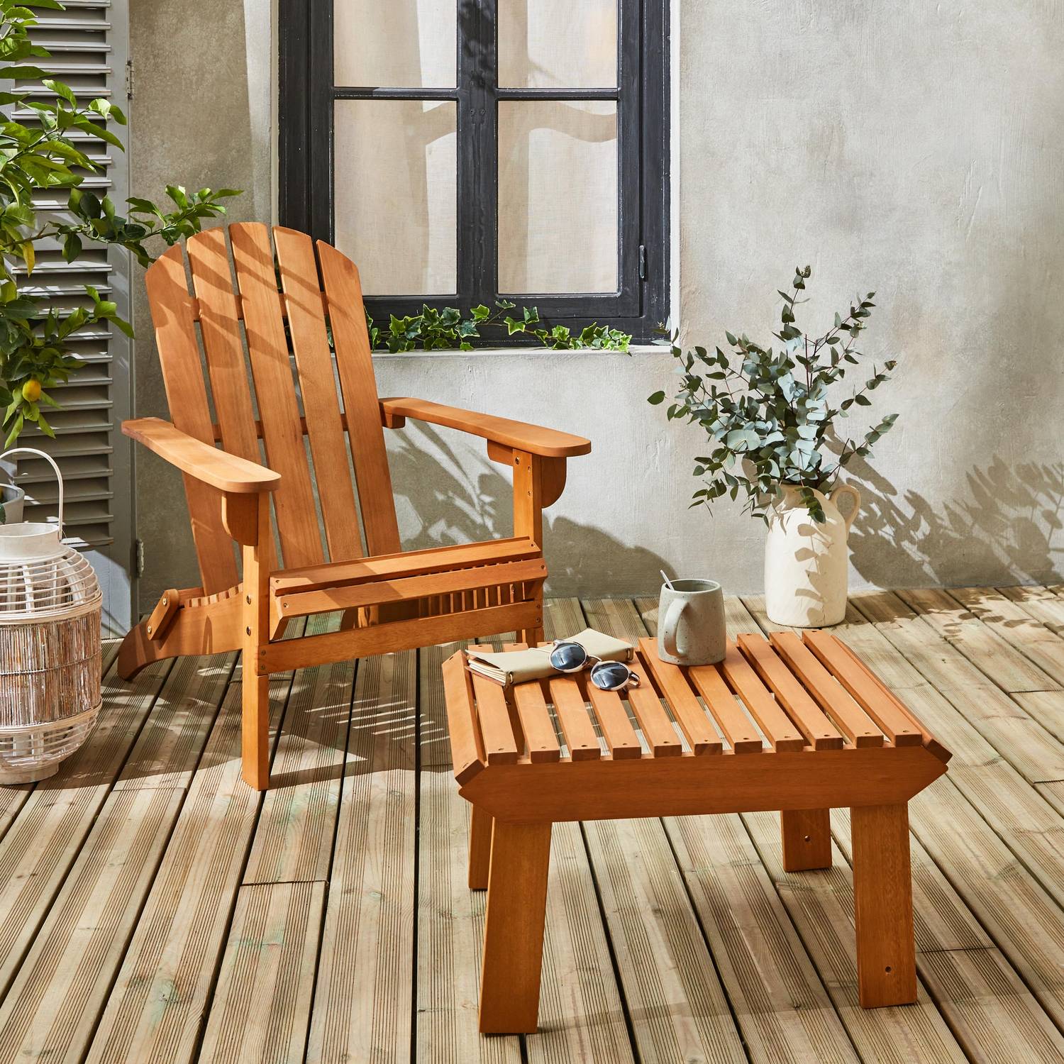 Fauteuil de jardin en bois avec repose-pieds/table basse - Adirondack Salamanca - Eucalyptus FSC, chaise de terrasse retro Photo1