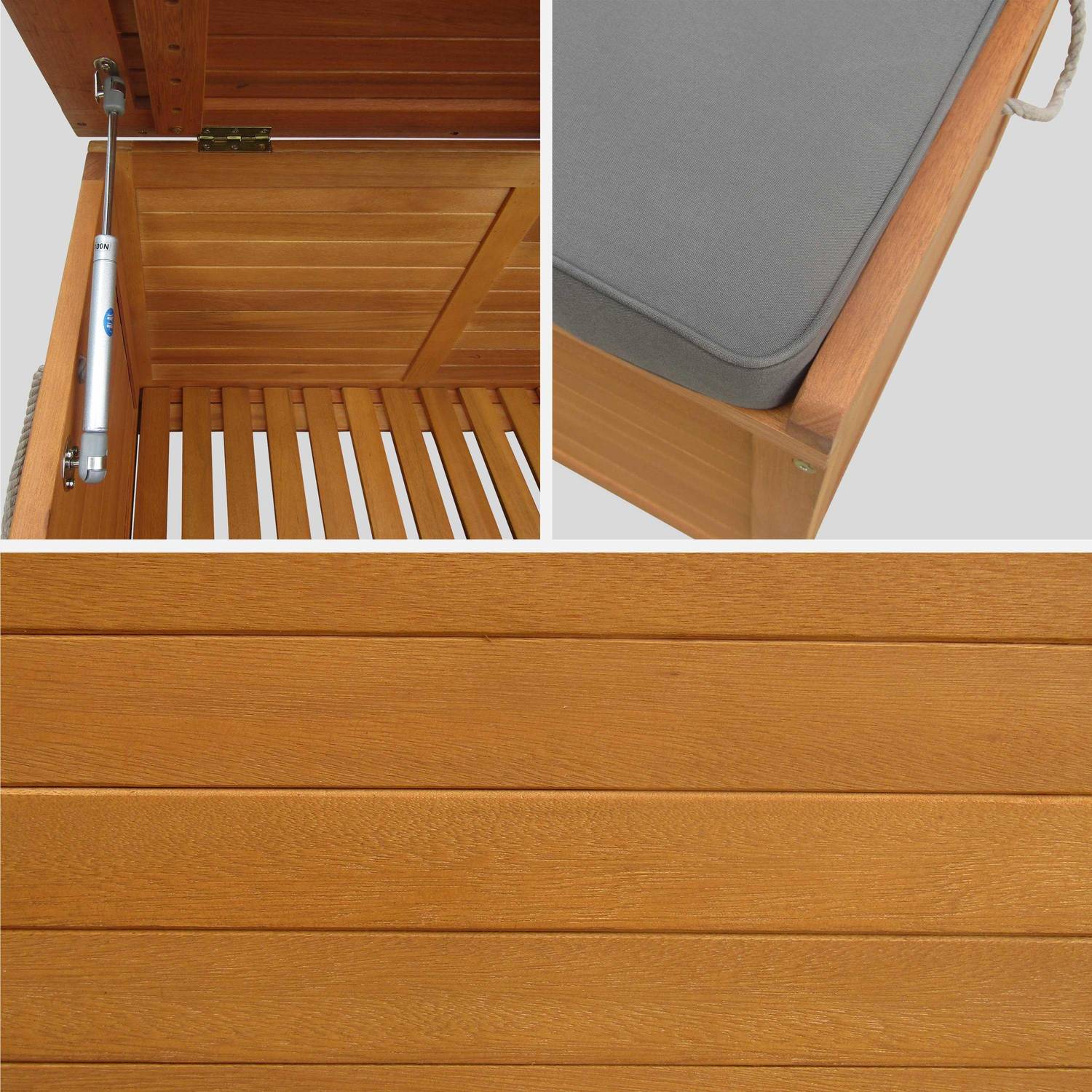 Coffre de jardin en bois 200L - Caja gris- 125x60cm rangement coussins avec 2 vérins et poignées Photo5