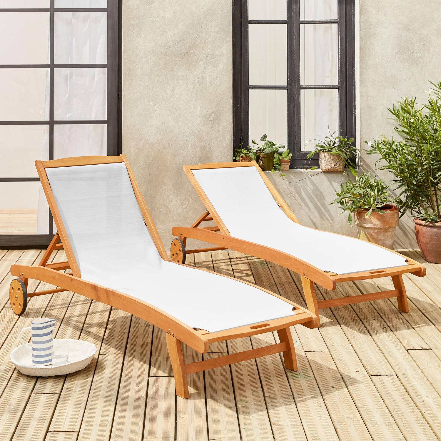 2er Set Holz Sonnenliegen - Marbella Weiß - 2 Liegestühle aus geöltem FSC-Eukalyptusholz und weißem Textilene Photo1