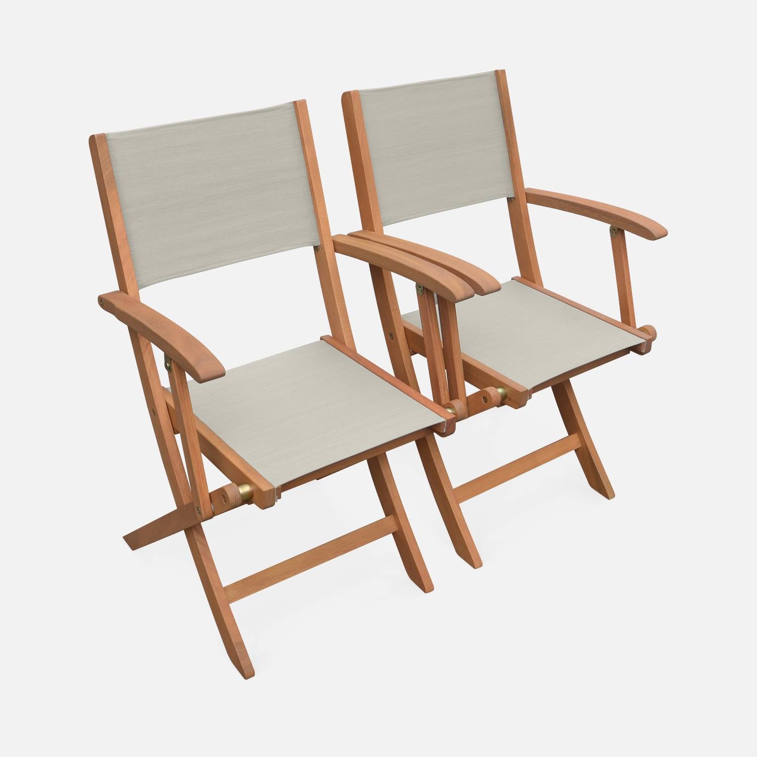 Lot de 2 fauteuils de jardin en bois Almeria, 2 fauteuils pliants Eucalyptus FSC huilé et textilène gris taupe | sweeek