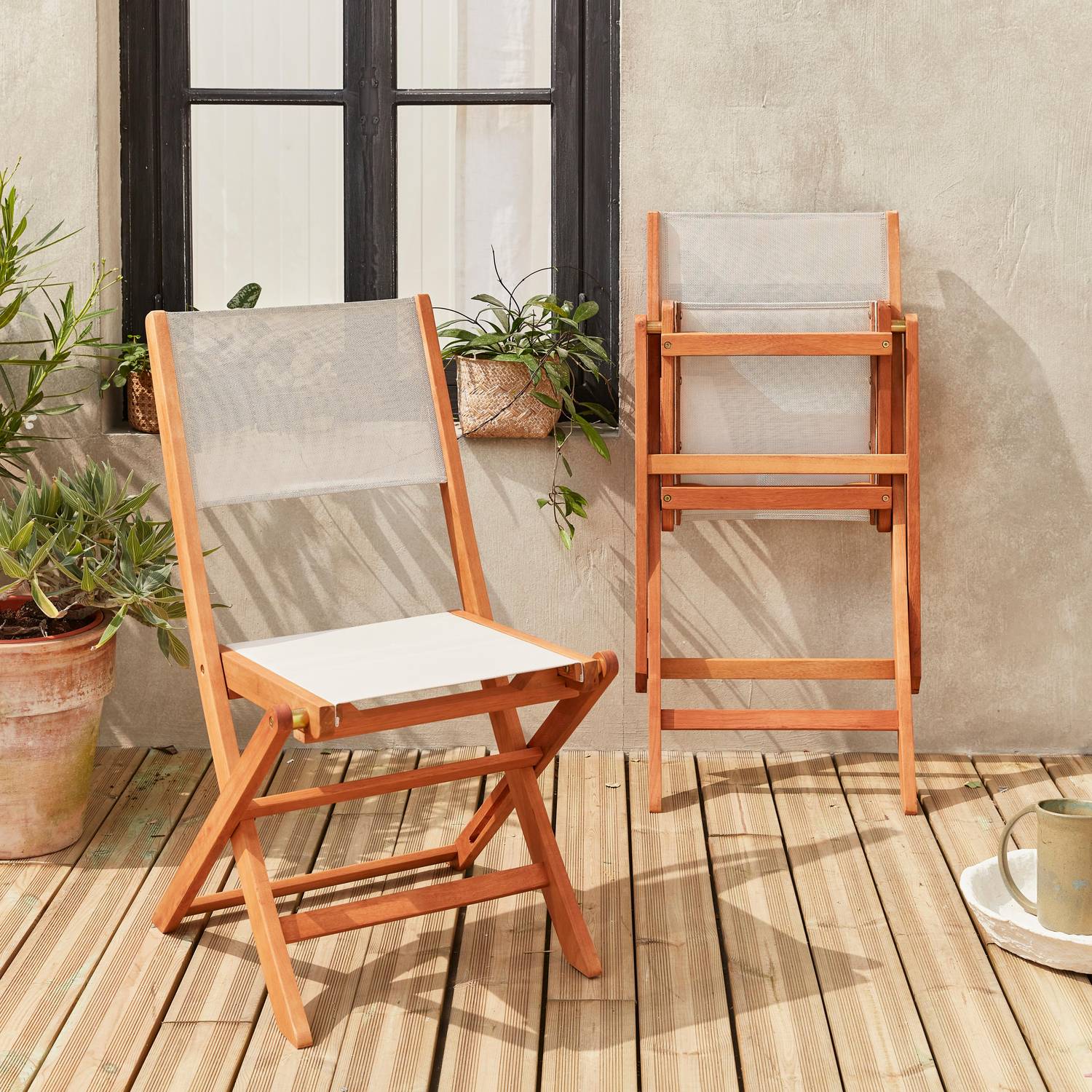Cadeiras de jardim em madeira e textilene - Almeria branco - 2 cadeiras dobráveis em madeira de eucalipto FSC oleada e textilene Photo3