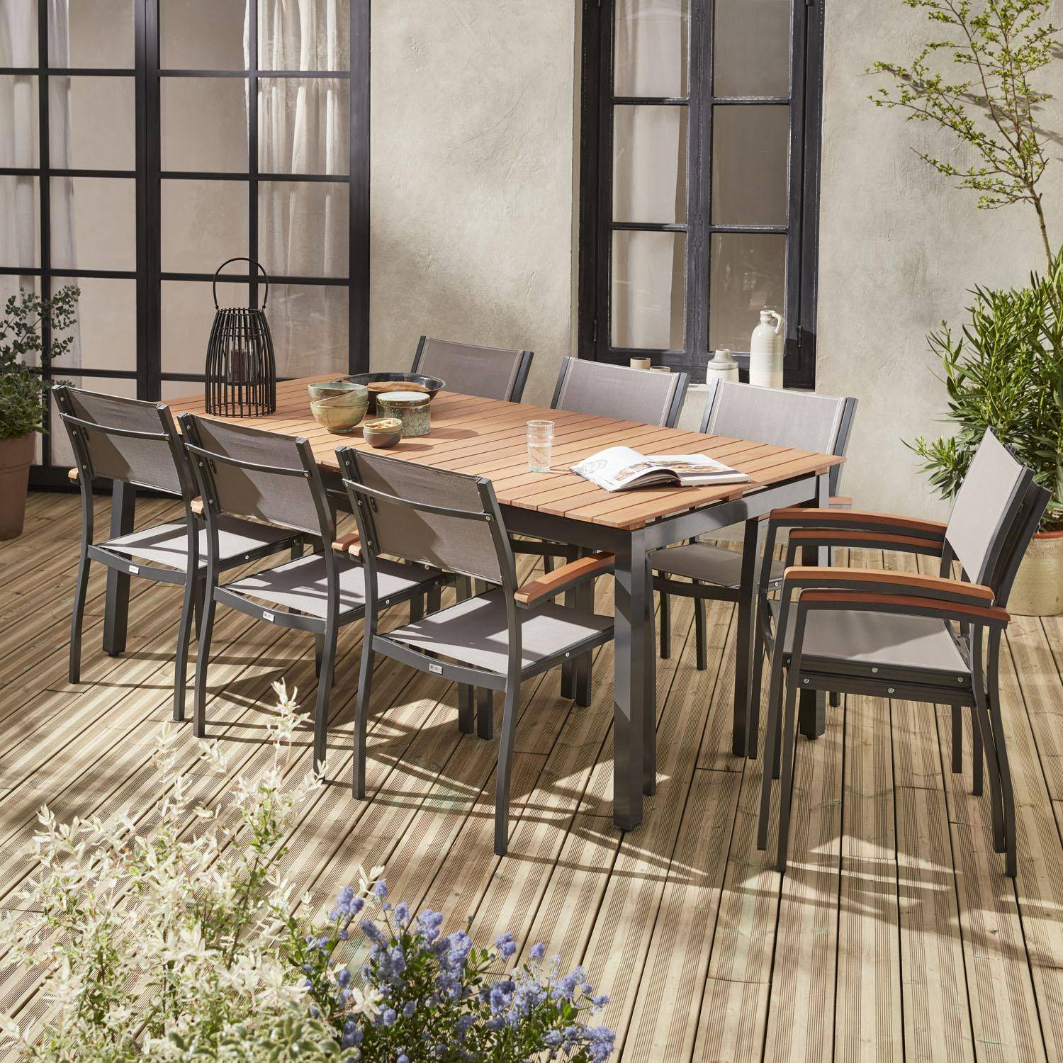 8-seater garden dining set, extendable 200/250cm wood and alumimium garden table, 8 armchairs - Sevilla - Anthracite frame, Taupe Grey textilene Photo2
