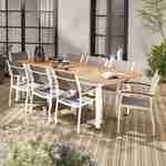 Set di mobili da giardino allungabili in legno e alluminio - Sevilla - 200/250 cm con estensione, 8 sedie, in alluminio, legno di eucalipto FSC oliato e textilene bianco tortora Photo2
