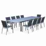 Ensemble Odenton, 1 table extensible, 2 fauteuils, 8 chaises en aluminium et textilène Photo1