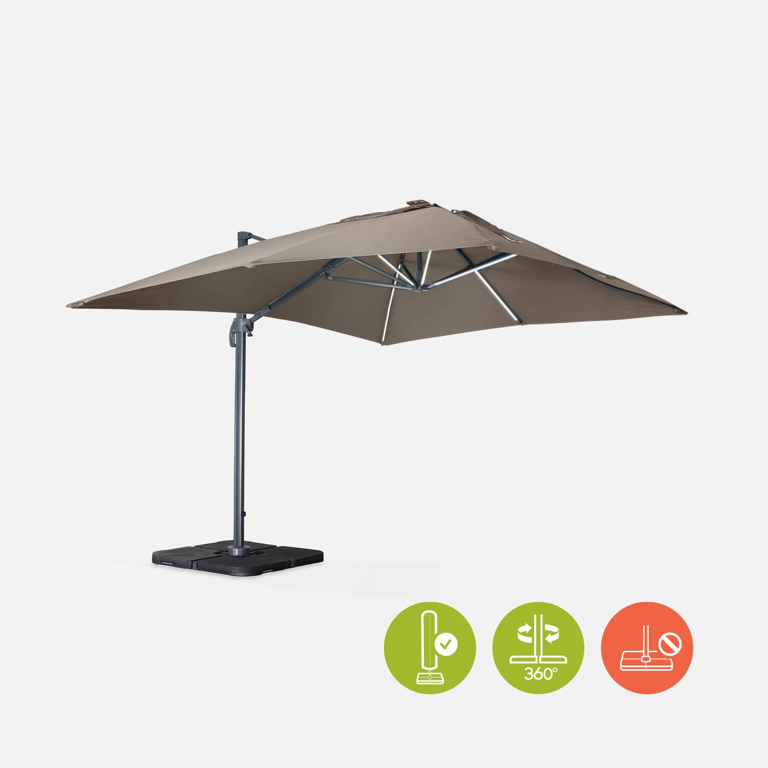 Premium rectangular 3x4m cantilever parasol with solar-powered integrated LED lights - Cantilever parasol, tiltable, foldable with 360° rotation, solar charging, cover included - Luce - Beige-brown Photo2