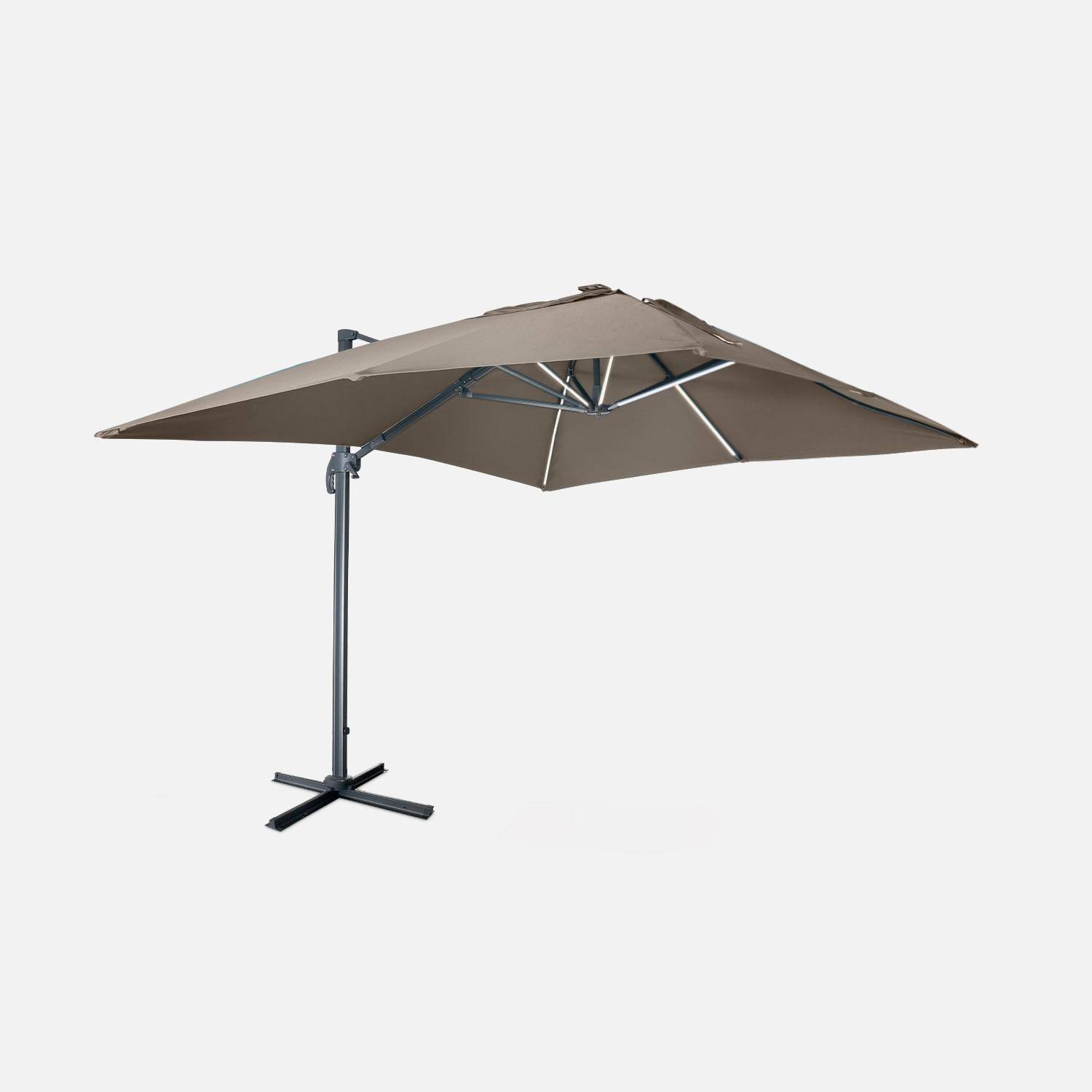Premium rectangular 3x4m cantilever parasol with solar-powered integrated LED lights - Cantilever parasol, tiltable, foldable with 360° rotation, solar charging, cover included - Luce - Beige-brown Photo1