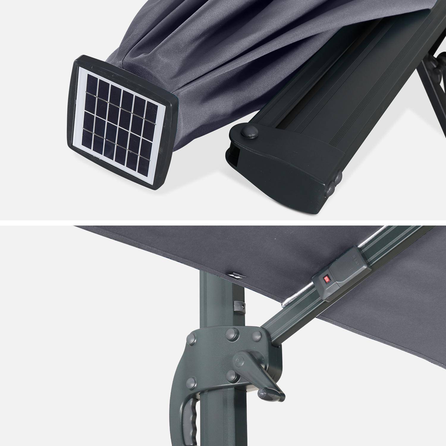 Parasol déporté solaire LED rectangulaire 3x4m haut de gamme - Luce Gris - Parasol excentré inclinable, rabattable et rotatif à 360°, chargeur solaire Photo7