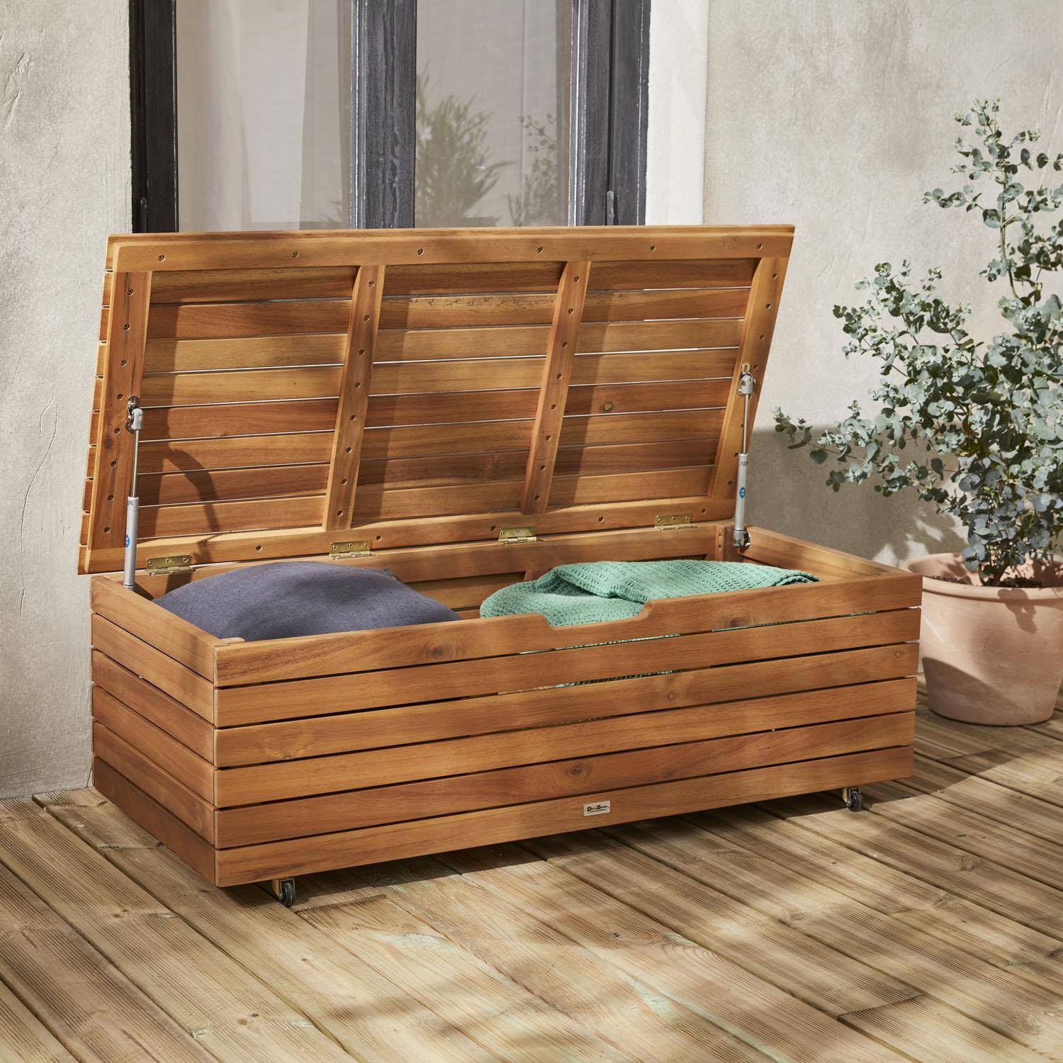 Garden storage box in wood - Saragosse - 110L, cushion storage, 107x48.5cm with hydraulic lift opening and casters,sweeek,Photo2
