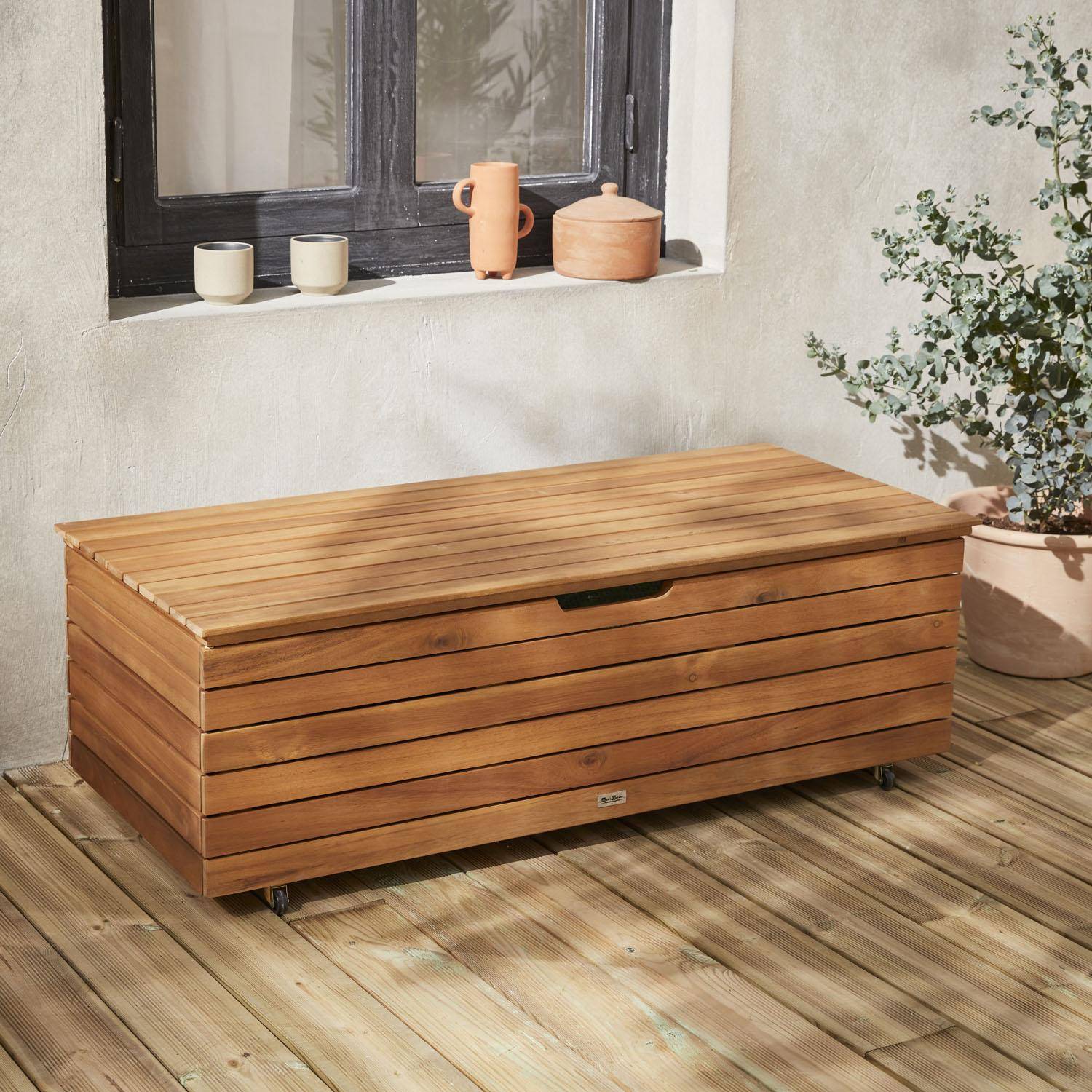 Garden storage box in wood - Saragosse - 110L, cushion storage, 107x48.5cm with hydraulic lift opening and casters Photo1