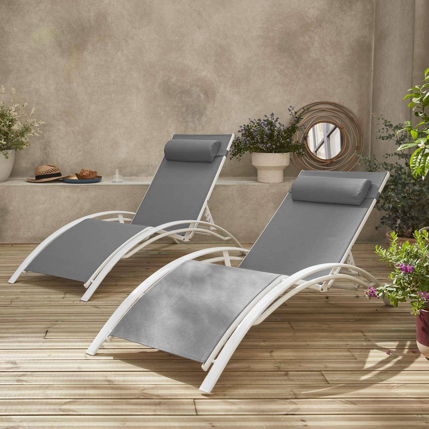 Pair of aluminium and textilene sun loungers, 4 reclining positions, headrest included, stackable - Louisa - White frame, Grey textilene Photo2