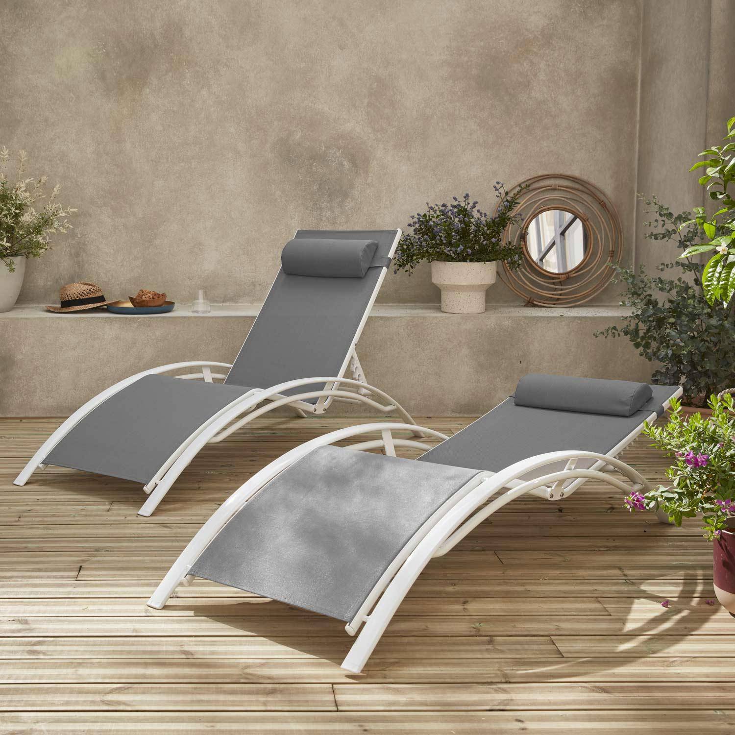 Pair of aluminium and textilene sun loungers, 4 reclining positions, headrest included, stackable - Louisa - White frame, Grey textilene,sweeek,Photo1