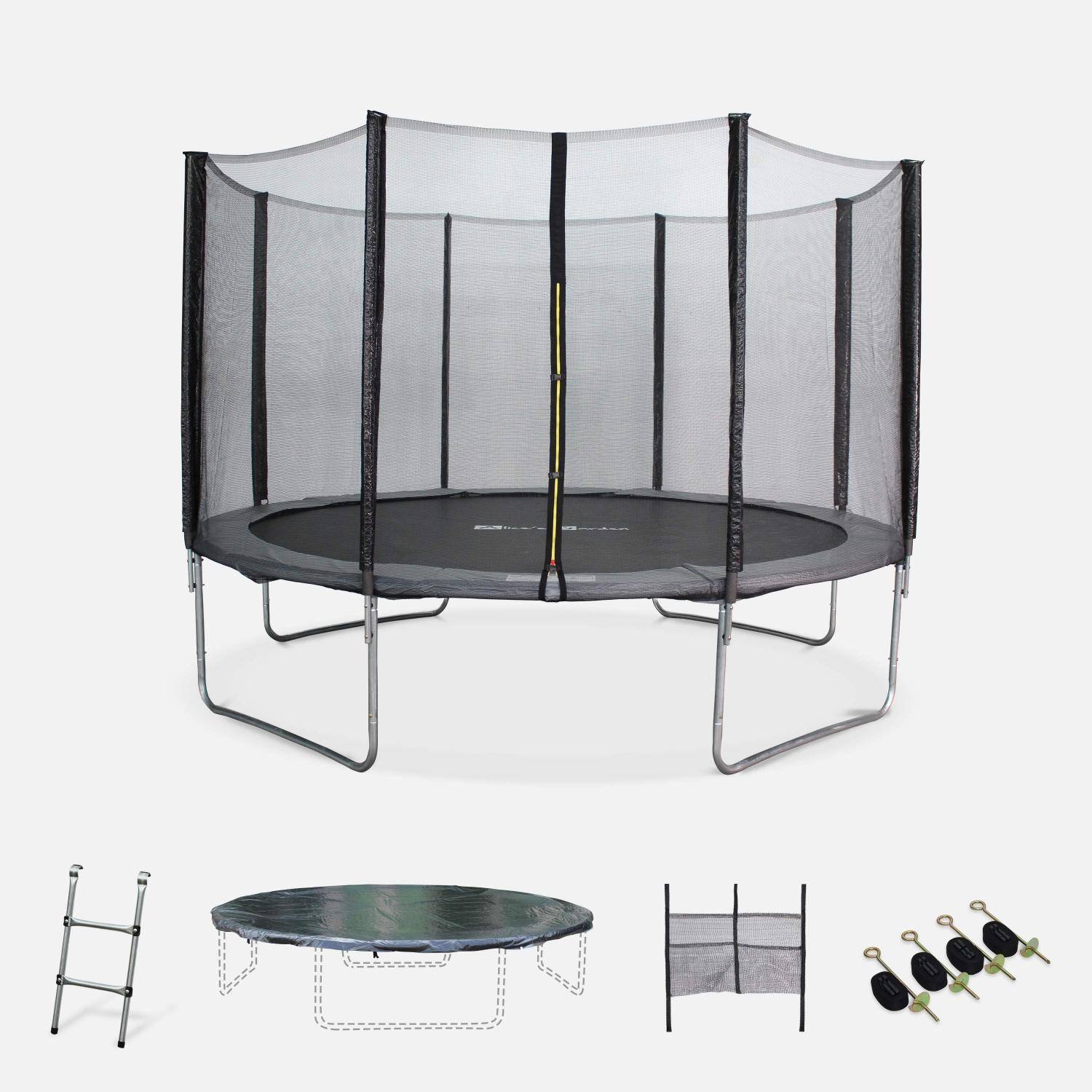Trampolina 370 cm - Saturne XXL Szara - z siatką zabezpieczającą, drabinką, pokrowcem, siatką na buty, zestawem kotwiącym, trampolina ogrodowa | Jakość PRO | Standardy UE Photo1