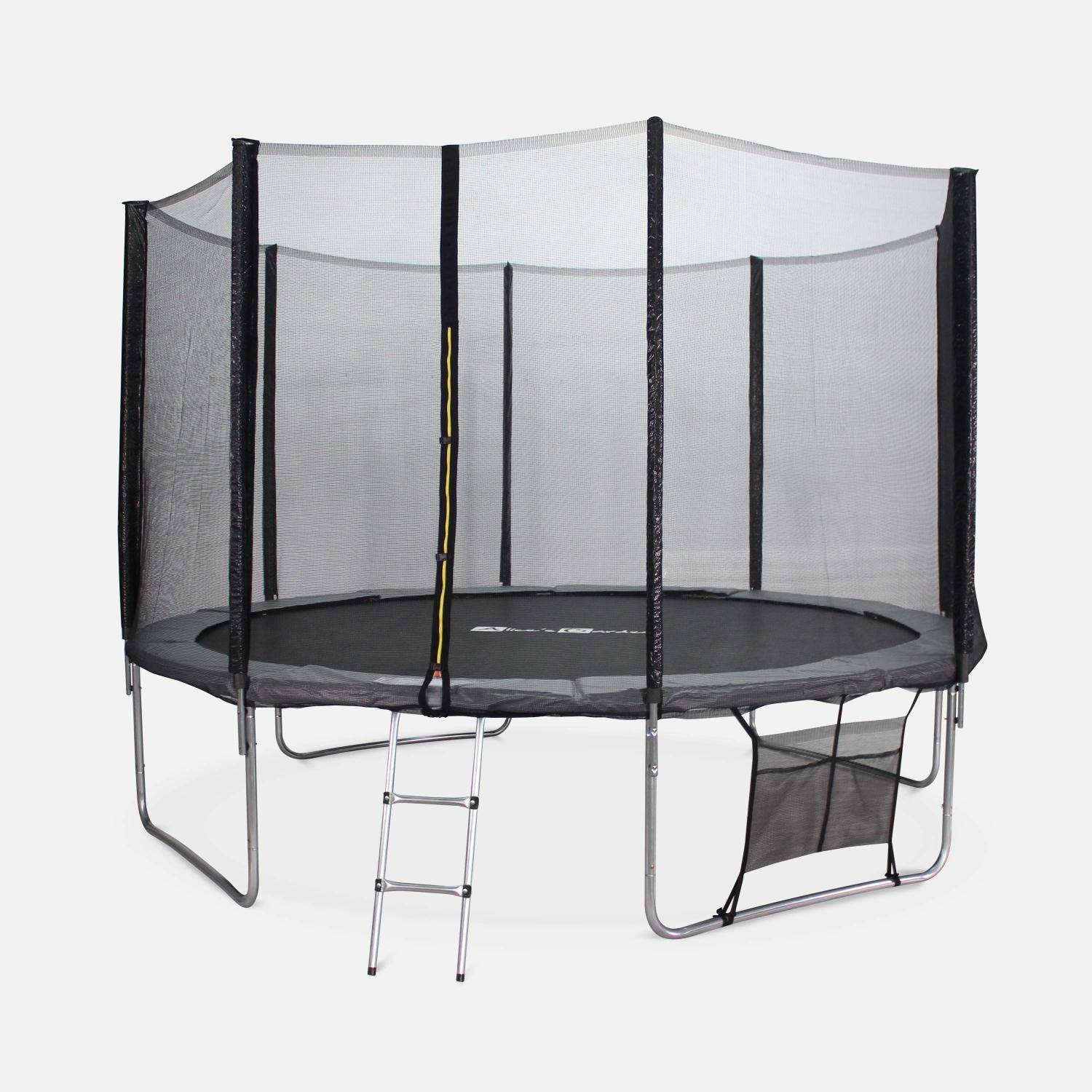 Trampolina 370 cm - Saturne XXL Szara - z siatką zabezpieczającą, drabinką, pokrowcem, siatką na buty, zestawem kotwiącym, trampolina ogrodowa | Jakość PRO | Standardy UE Photo2