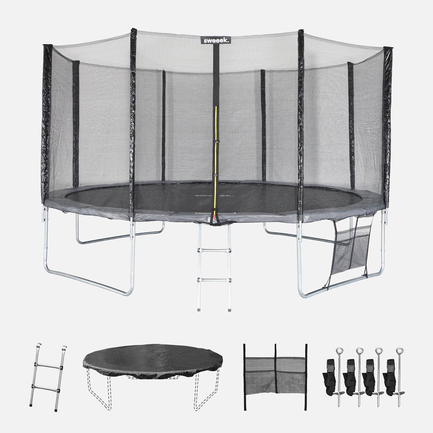 Trampolina 430cm szara z siatką zabezpieczającą, drabinką, pokrowcem, siatką na buty, zestawem kotwiącym - Vénus XXL- Trampolina ogrodowa 430 cm 4m| Jakość PRO|Standardy UE,sweeek,Photo2