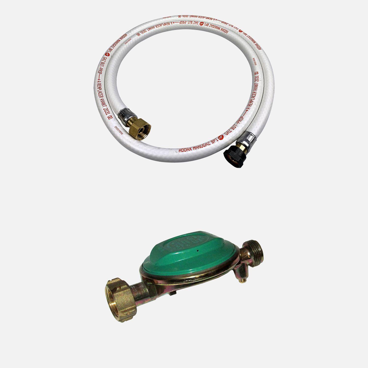 Kit Tuyau flexible de gaz 1.5 m à embouts mécaniques 25mm + Détendeur Butane 28mbar 1,3kg/h – Normes NF Photo1