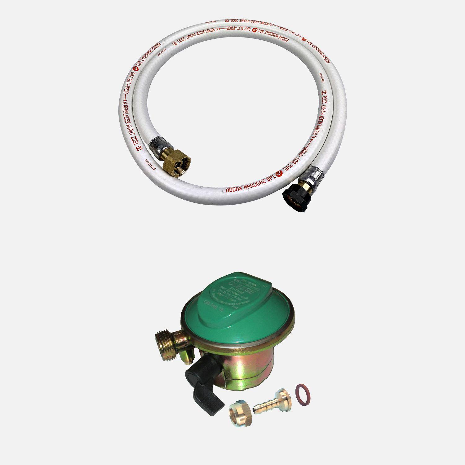 Kit Tuyau flexible de gaz 1.5 m à embouts mécaniques + Détendeur Quick-on Ø20mm Butane 28mbar 1,3kg/h, raccord rapide – Normes NF Photo1