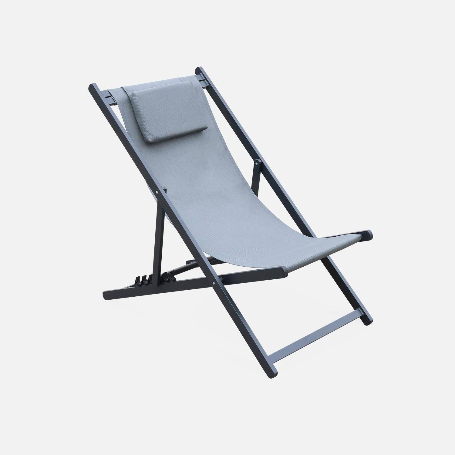 Lot de 2 bains de soleil - Gaia gris - Transat en aluminium gris anthracite et textilene gris avec coussin repose tête, chilienne Photo3
