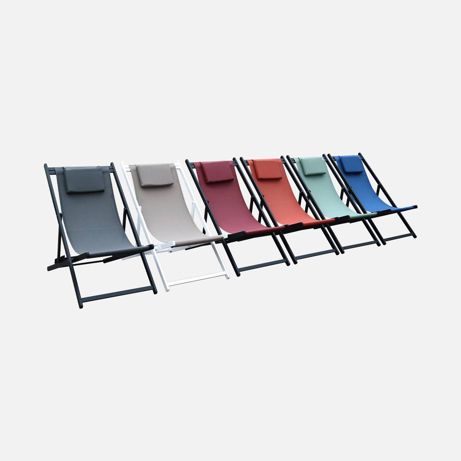 Lot de 2 bains de soleil - Gaia gris - Transat en aluminium gris anthracite et textilene gris avec coussin repose tête, chilienne Photo6