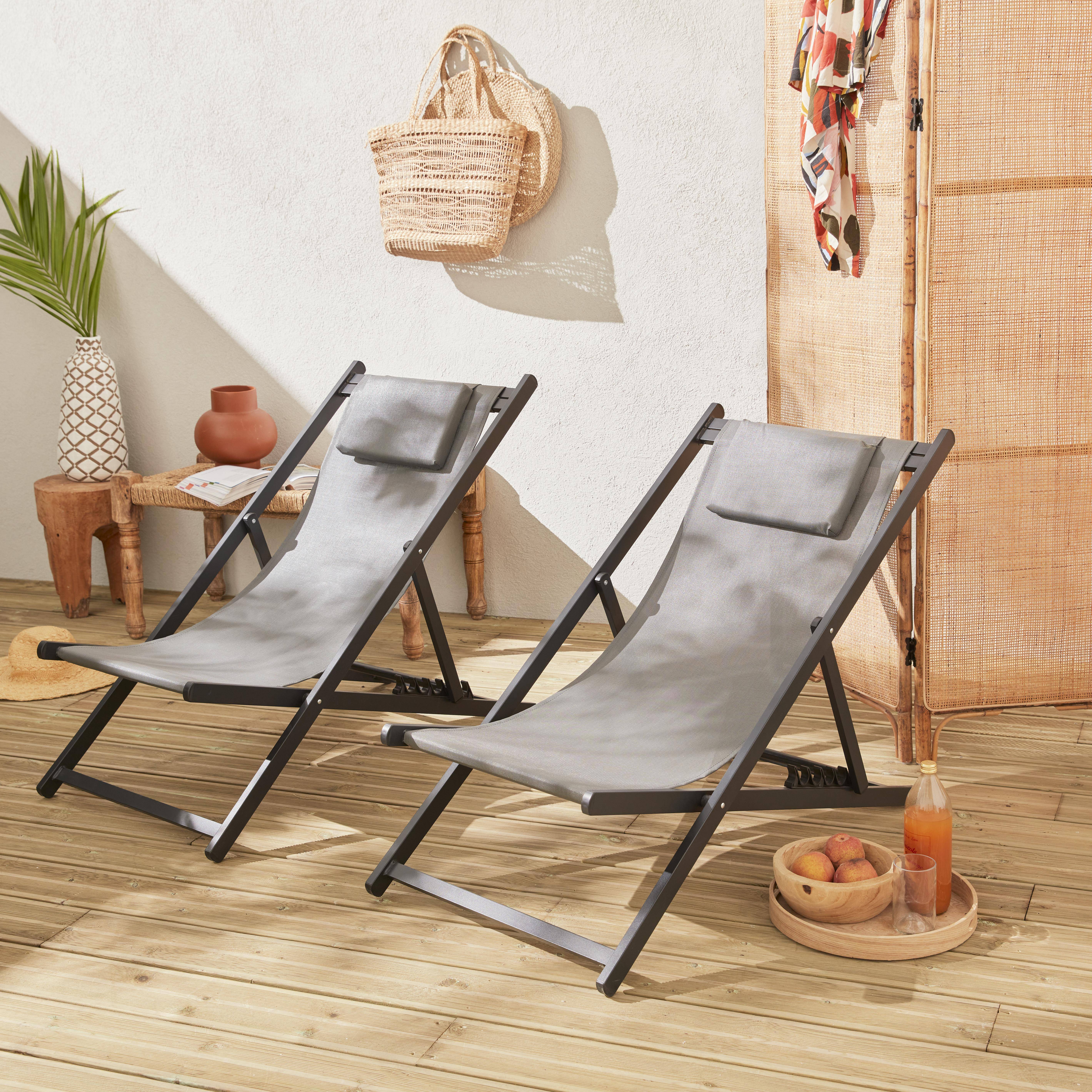 Juego de 2 sillas para tomar sol - Gaia antracita- Aluminio antracita y textileno gris con reposacabezas.,sweeek,Photo1