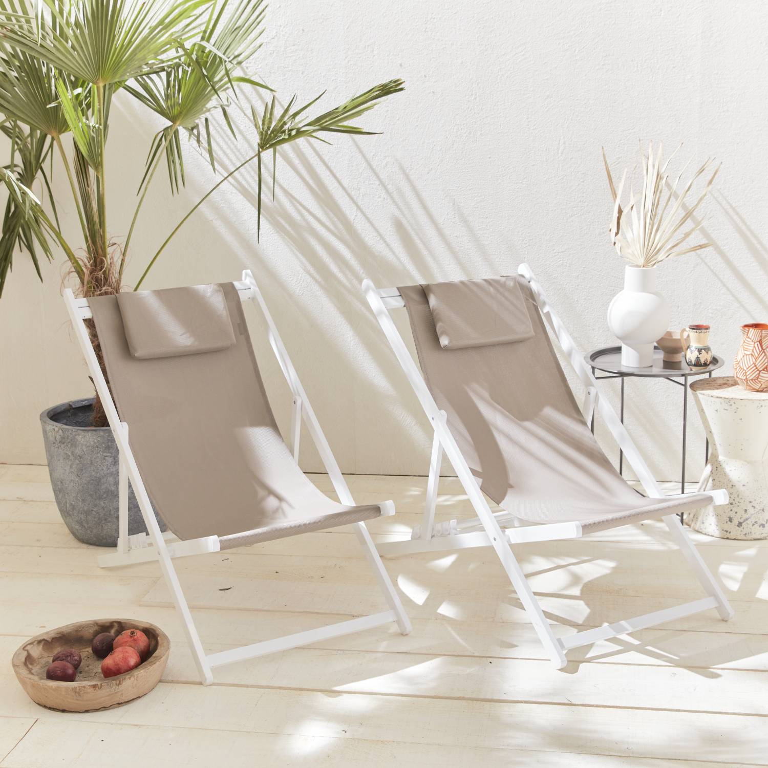 Set of 2 sun loungers - aluminium and texilene adjustable deck chairs with headrest, White/Brown  | sweeek