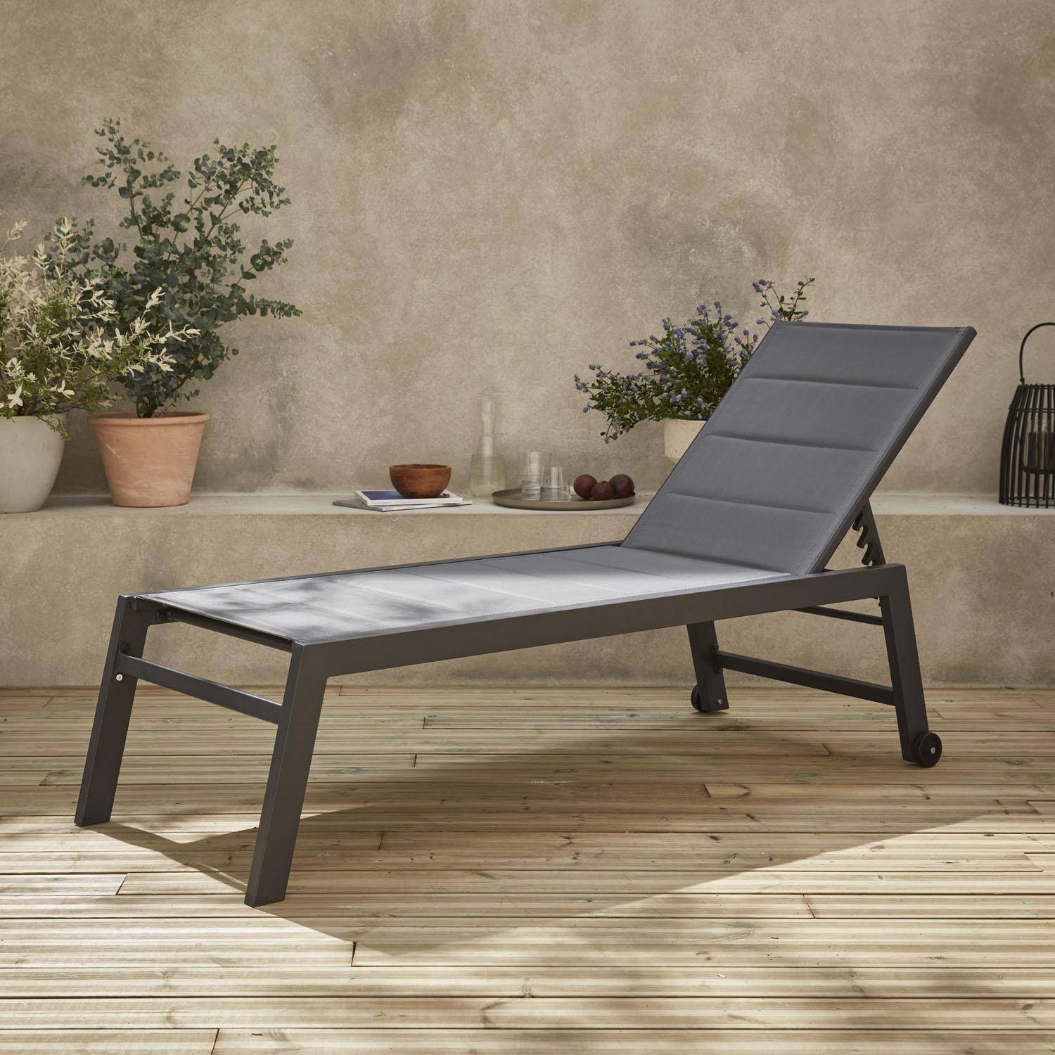 Sun lounger - Solis - Textilene and aluminium sun lounger with 6 positions, anthracite grey frame, grey textilene Photo1
