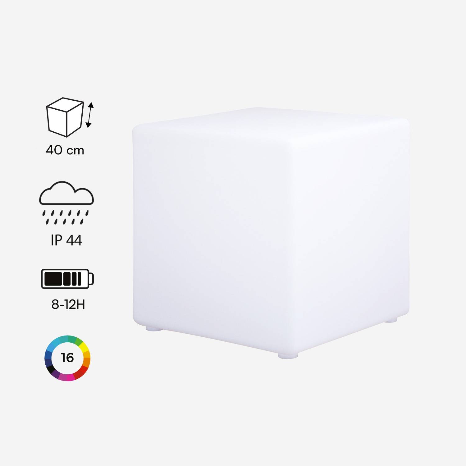 Oplaadbare 40 cm Kubus LED licht voor buiten gebruik, 16 kleuren
