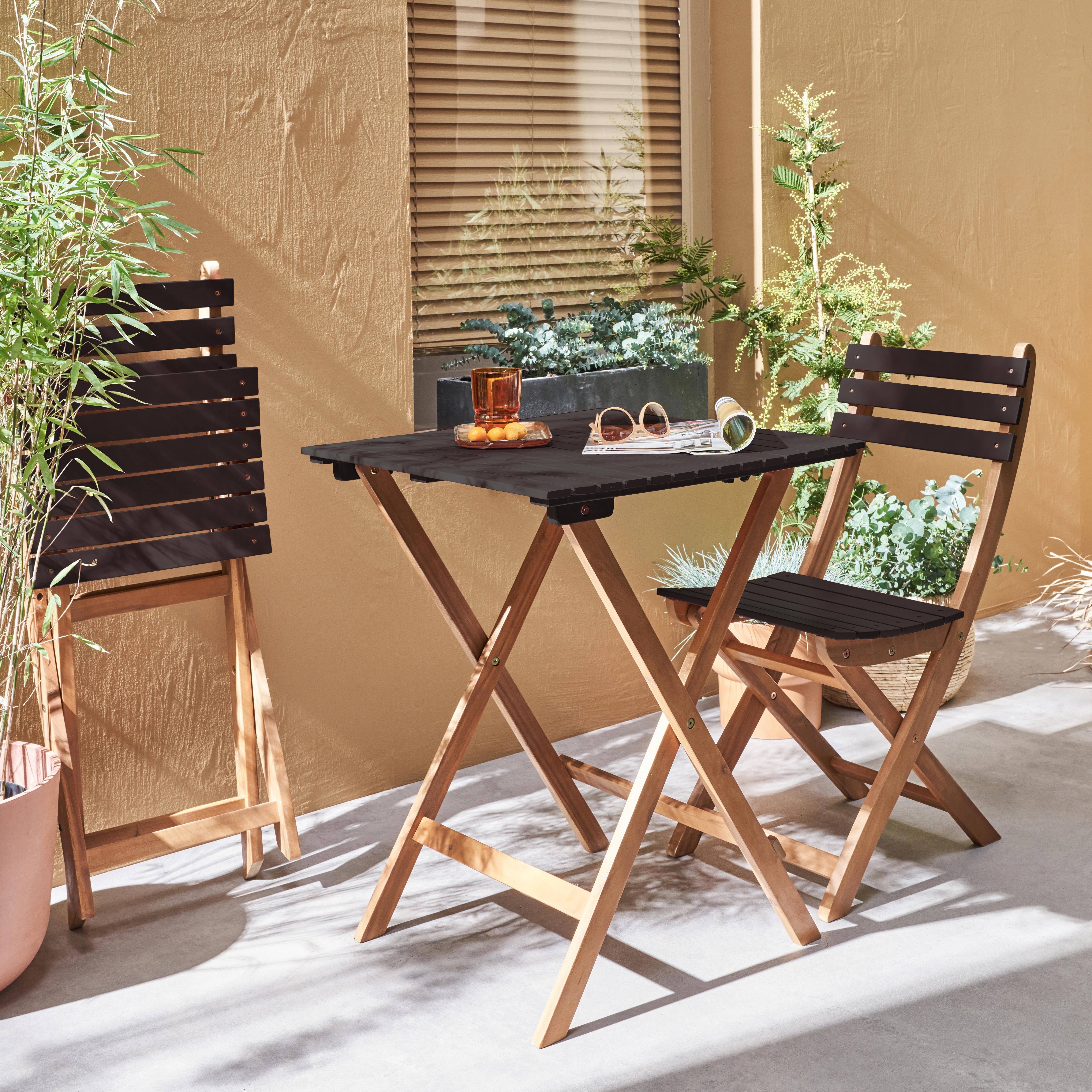 Mesa de jardín de madera Bistro 60x60cm - Barcelona - negro, mesa plegable cuadrada bicolor con 2 sillas plegables, acacia,sweeek,Photo2