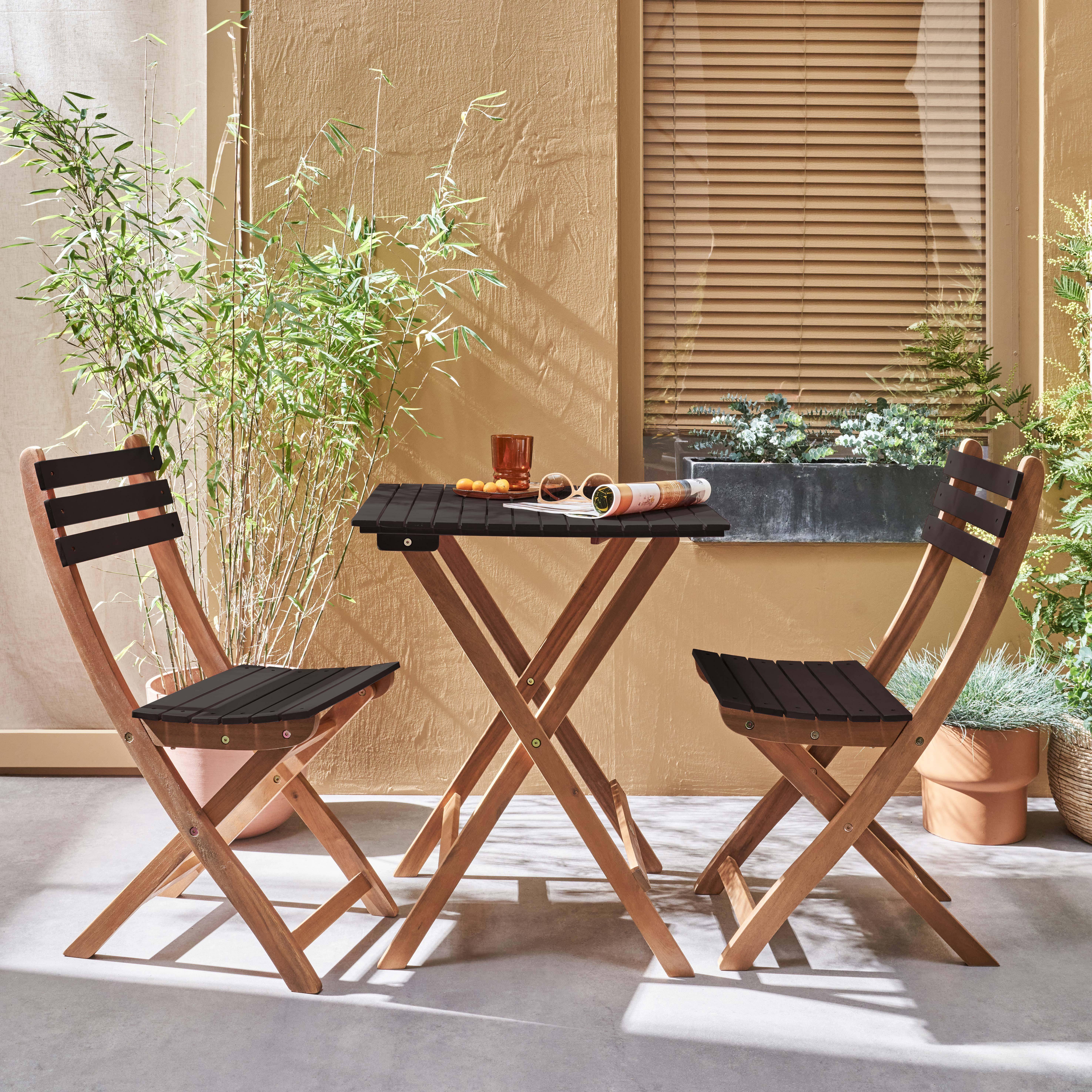 Mesa de jardín de madera Bistro 60x60cm - Barcelona - negro, mesa plegable cuadrada bicolor con 2 sillas plegables, acacia Photo3