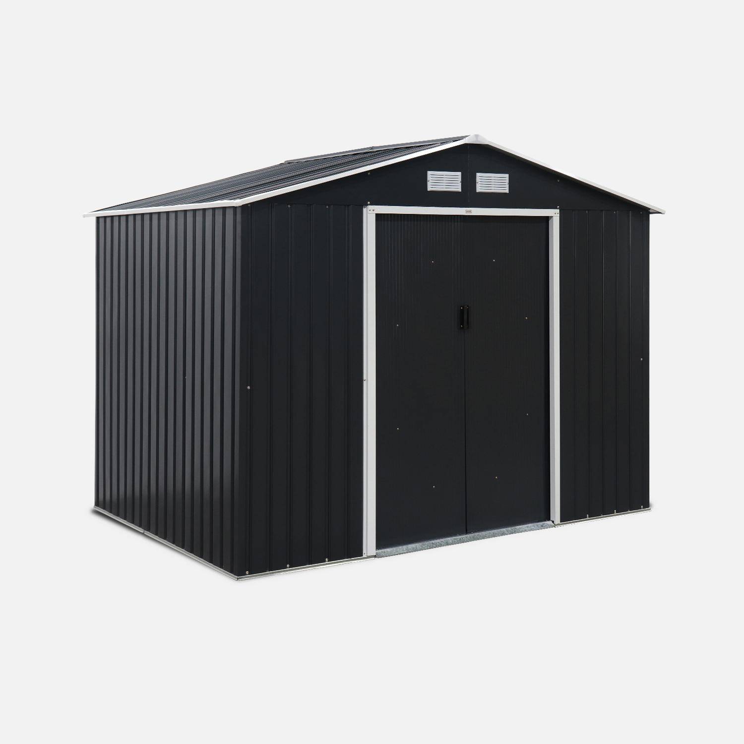 (9 X 6FT) 5.39m² Metal garden shed - Tool shed with single latch door, ground fixing kit supplied - Ferrain - Grey and White Photo2